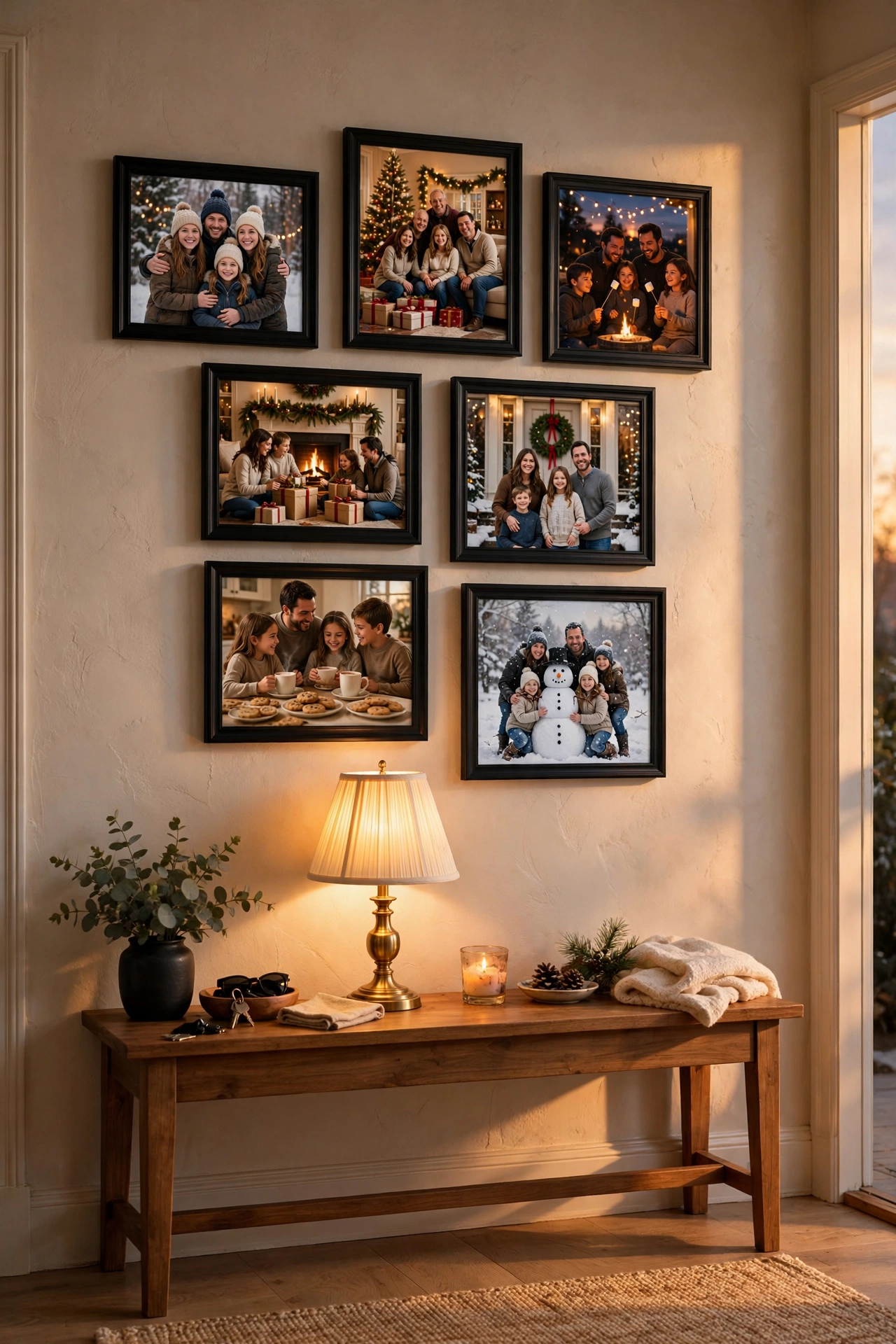 Clustered gallery of matching black family photo frames on an entryway wall