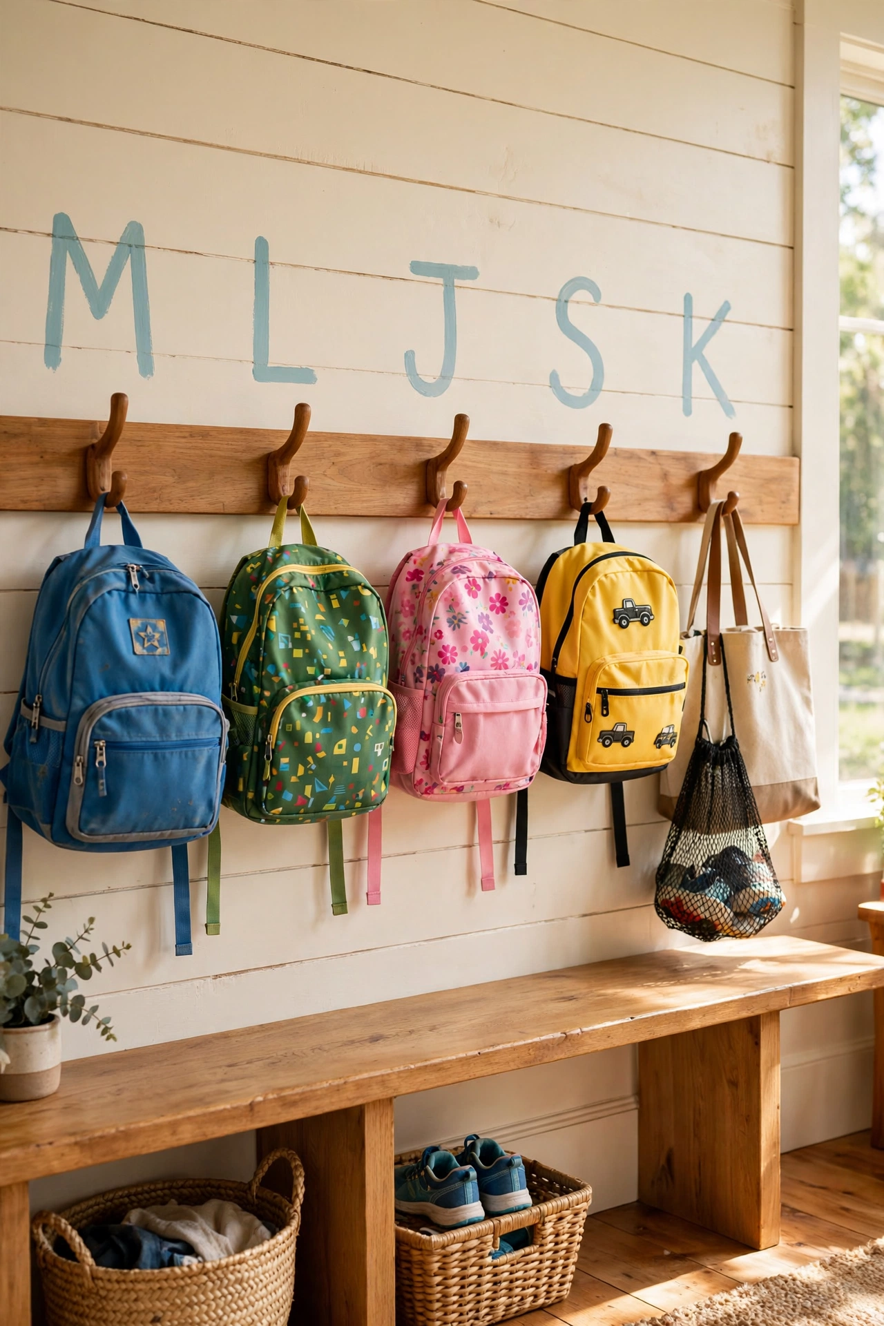 Wooden rail with hooks holding school backpacks in a mudroom entryway