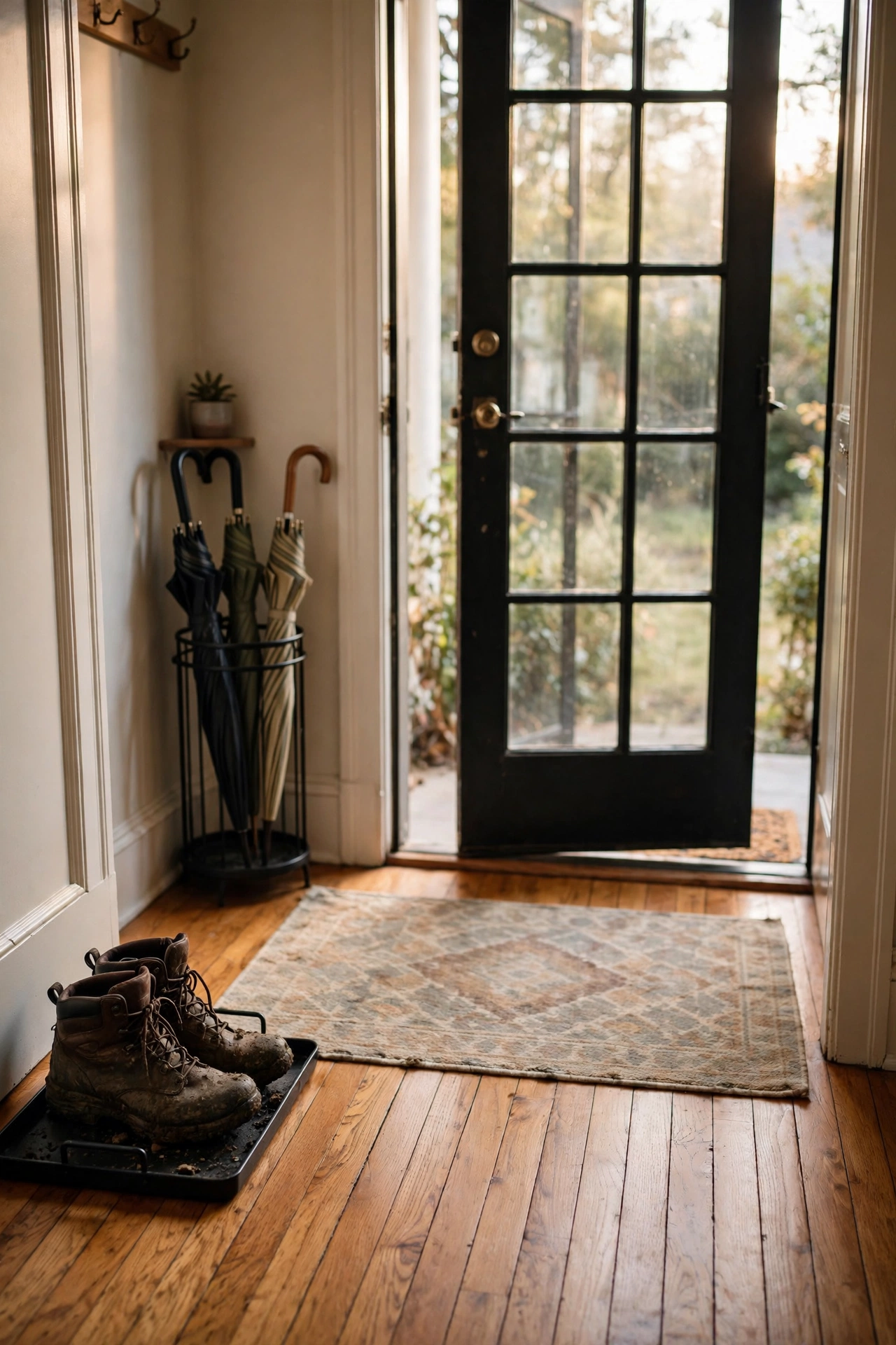 Low-pile washable patterned rug just inside a front door