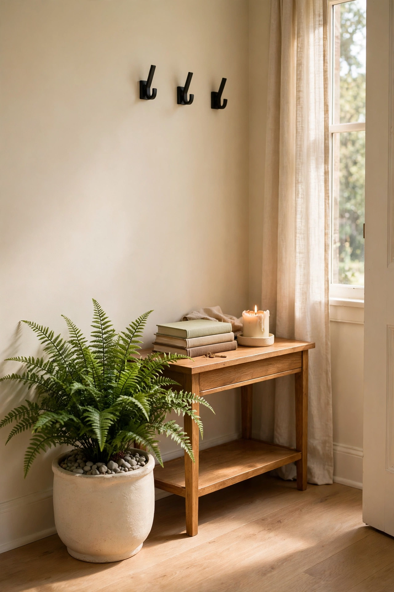 Faux fern in a ceramic planter beside an entryway console table