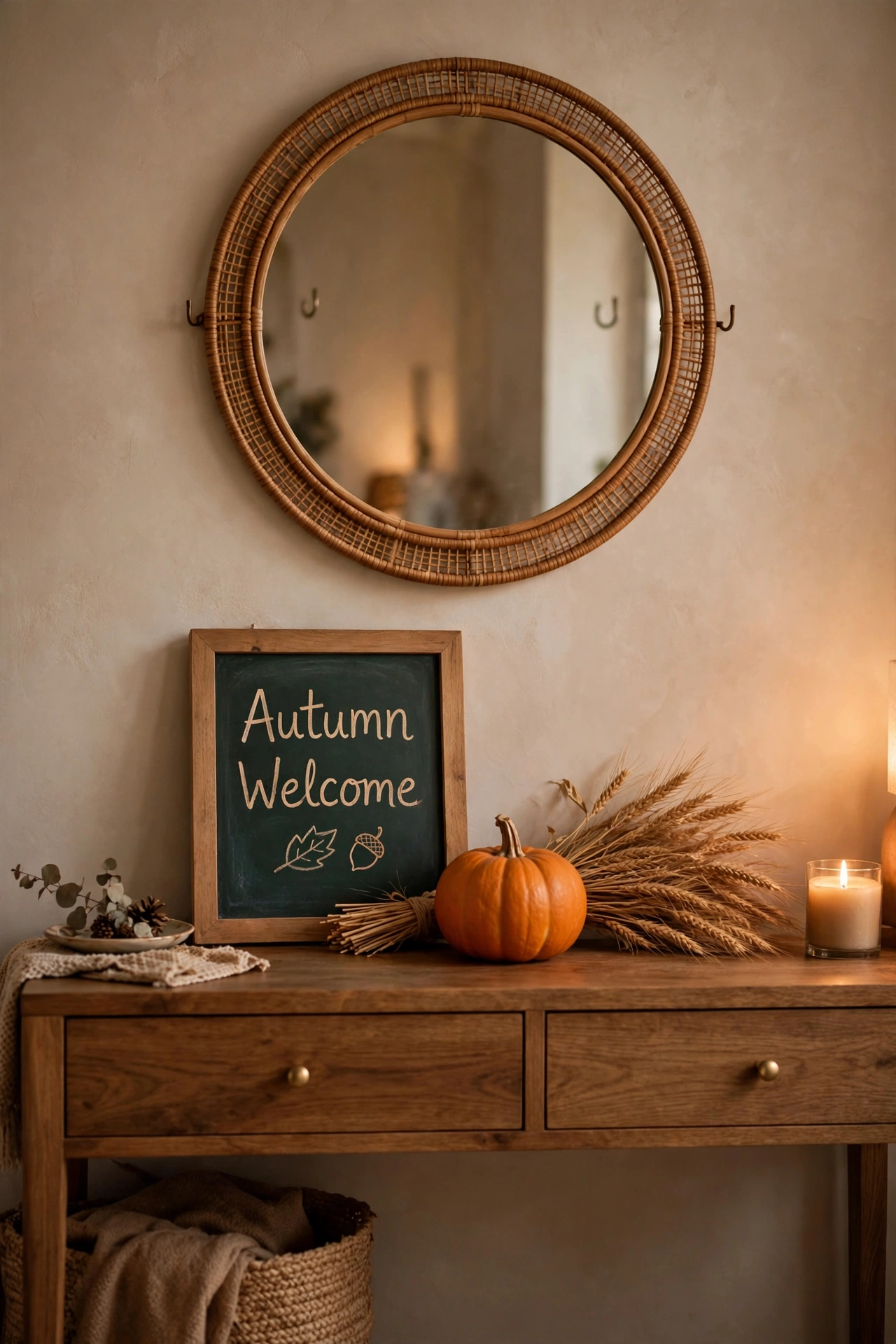 Framed chalkboard sign with handwritten welcome message leaning on an entryway console