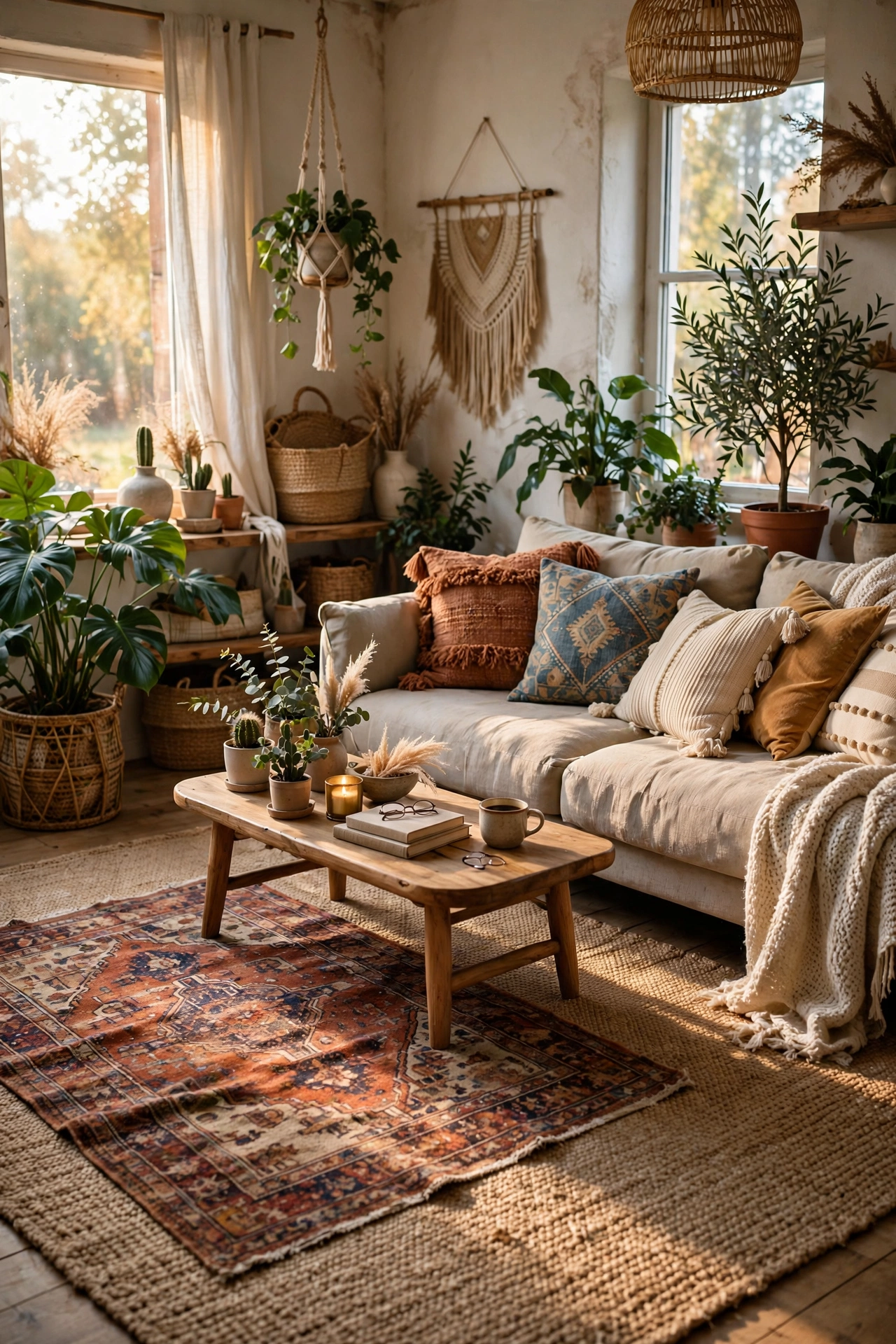Budget boho living room idea: patterned thrifted rug layered over a neutral base rug