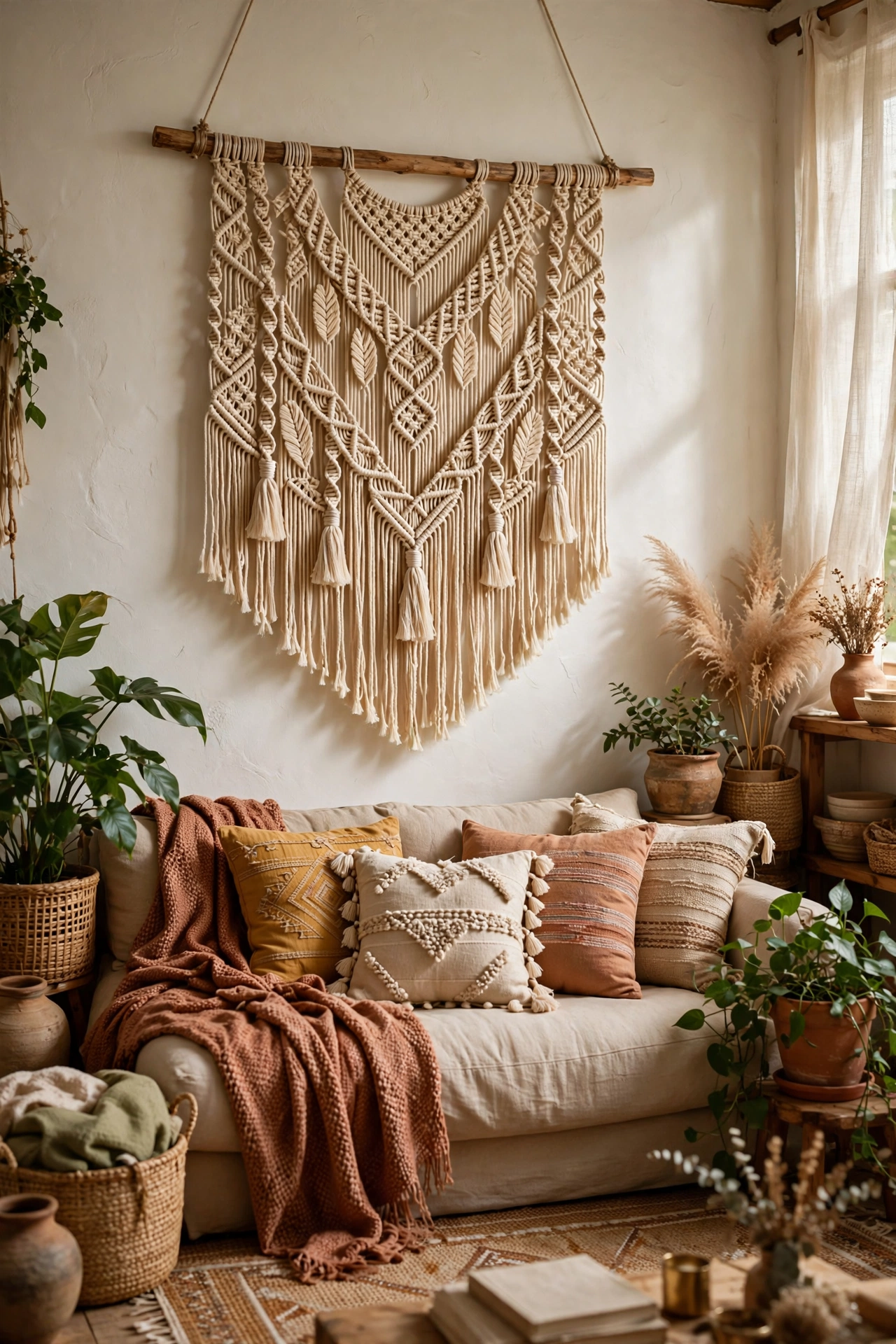 DIY macrame wall hanging above a sofa in a budget boho living room