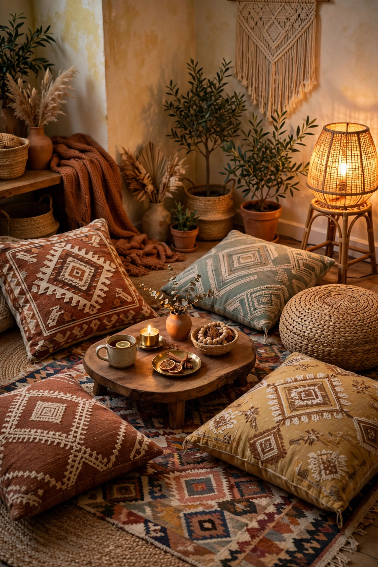 Boho floor pillow lounge zone around a low tray table in a living room