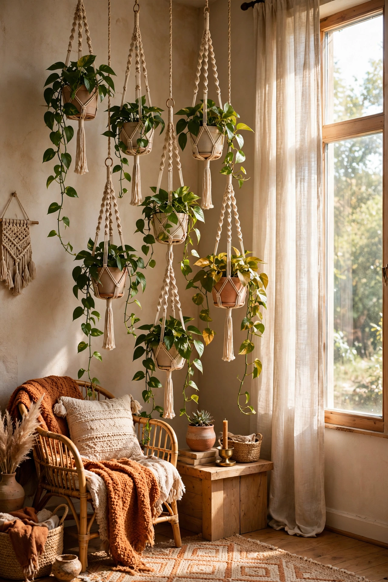 Hanging plants in macrame hangers creating a jungle canopy in a boho living room