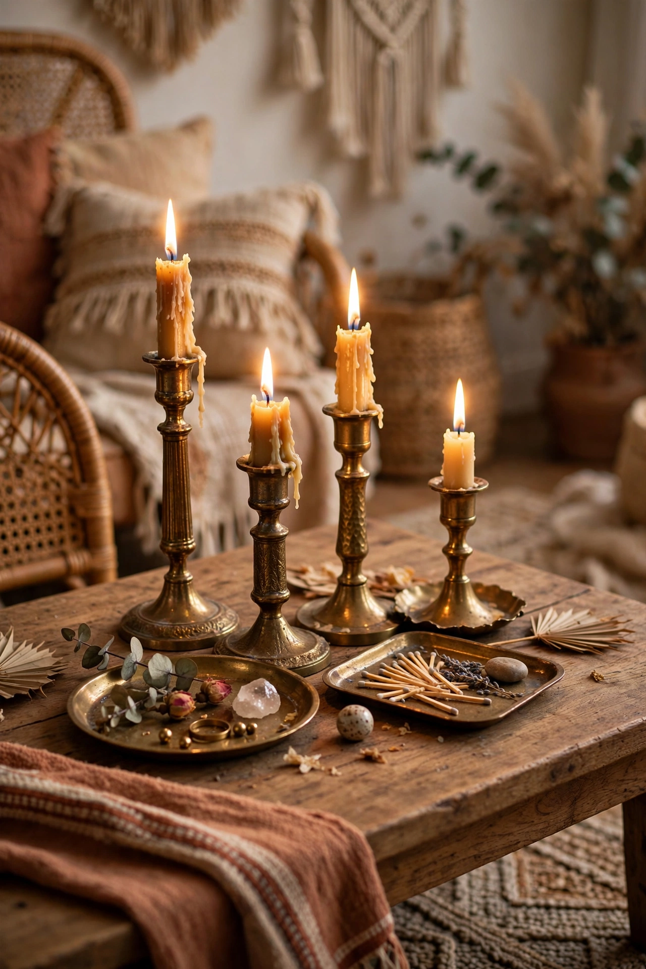 Thrifted brass candlesticks grouped on a coffee table in a boho living room