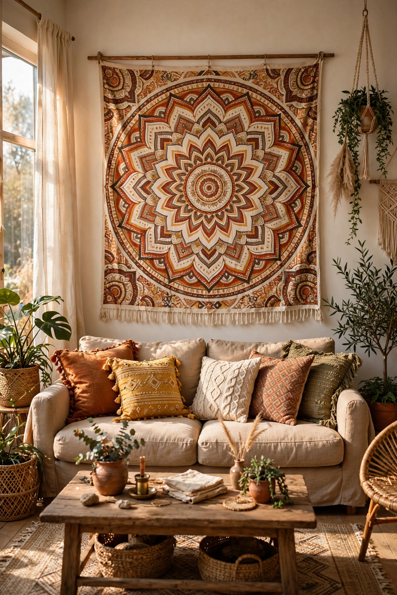 Large mandala tapestry hung behind a sofa as budget boho wall art