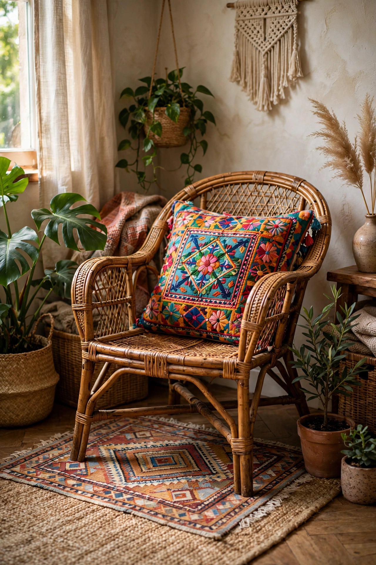 Thrifted rattan armchair with colorful pillow in a boho living room