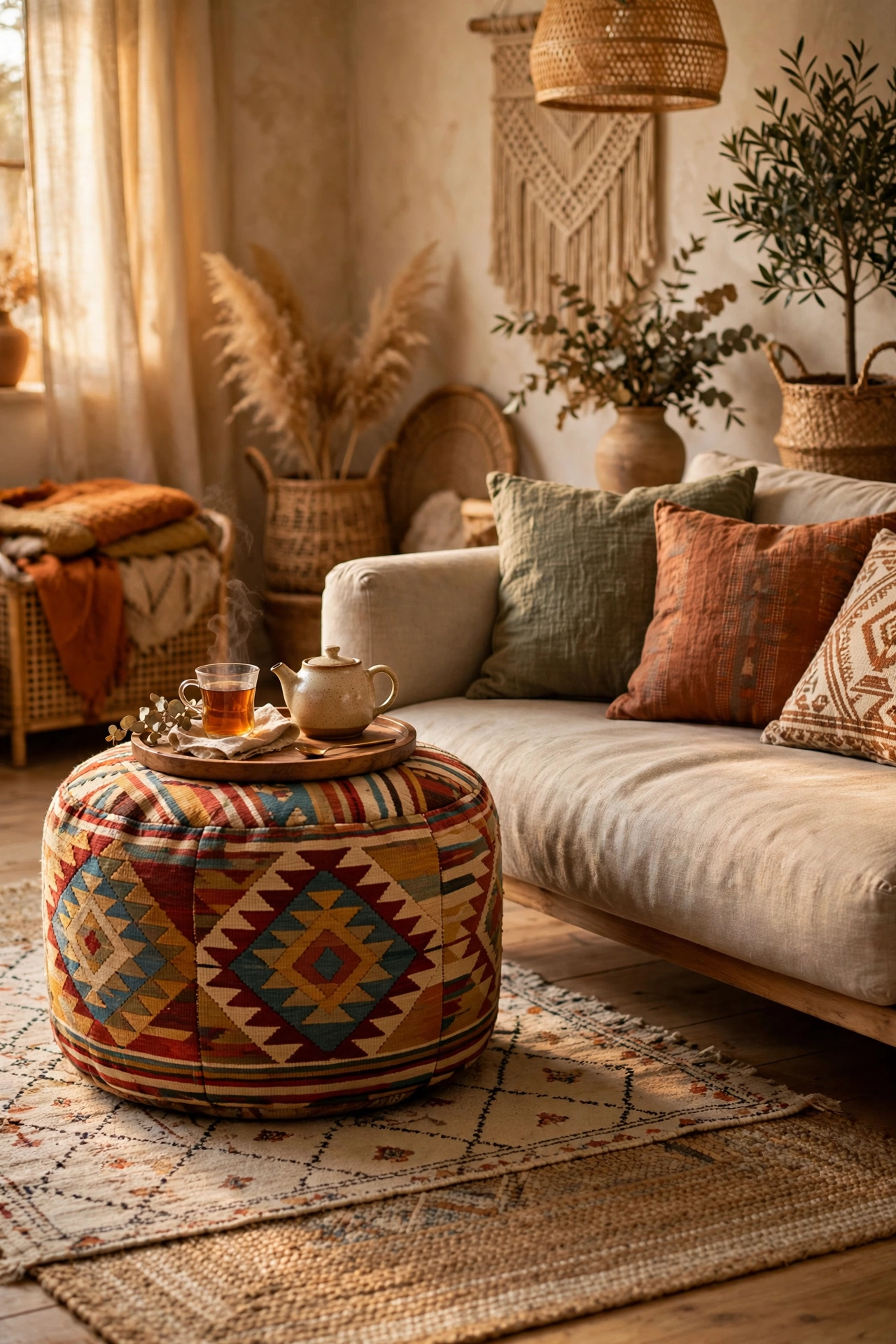 Kilim-pattern pouf used as footrest in a budget boho living room