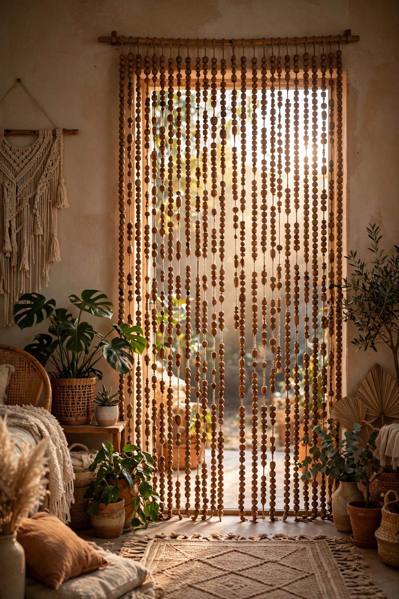Wooden beaded curtain in a doorway of a boho living room