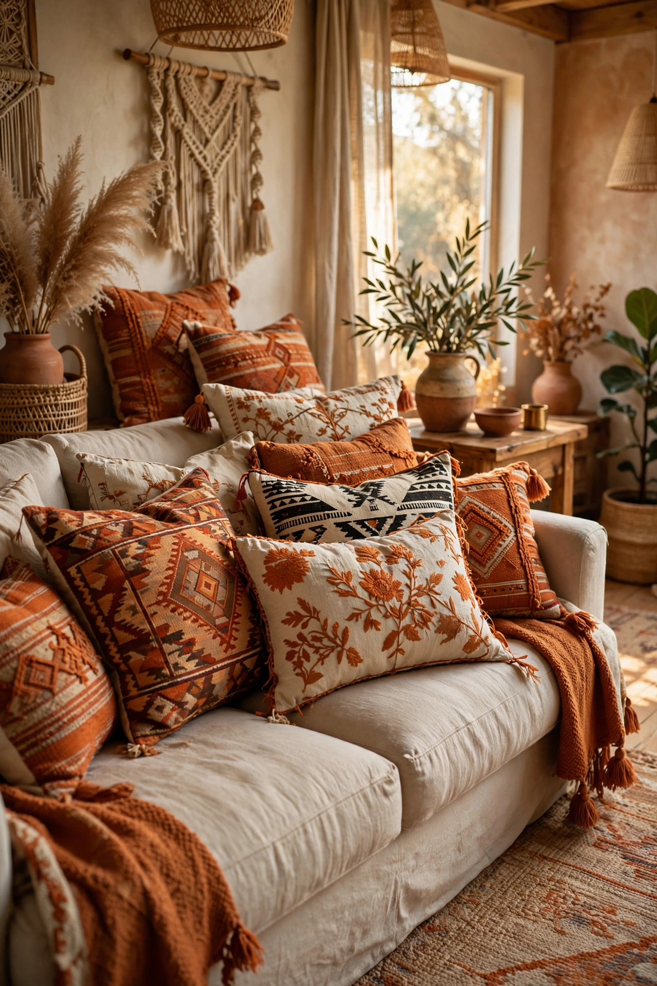 Sofa styled with a global mix of kilim, mudcloth and embroidered pillows