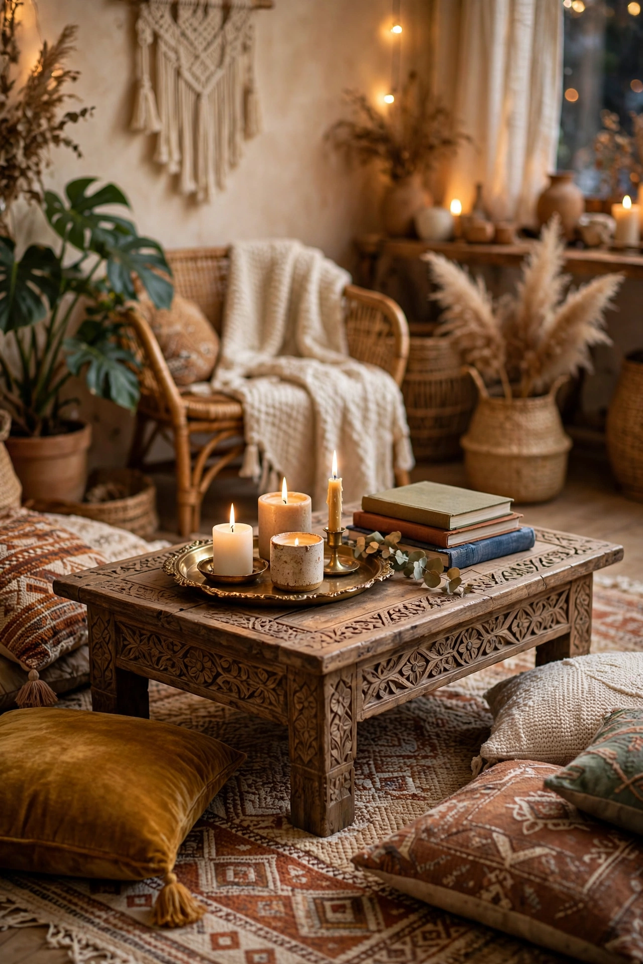 Low carved wooden coffee table in a boho living room styled with tray and candles