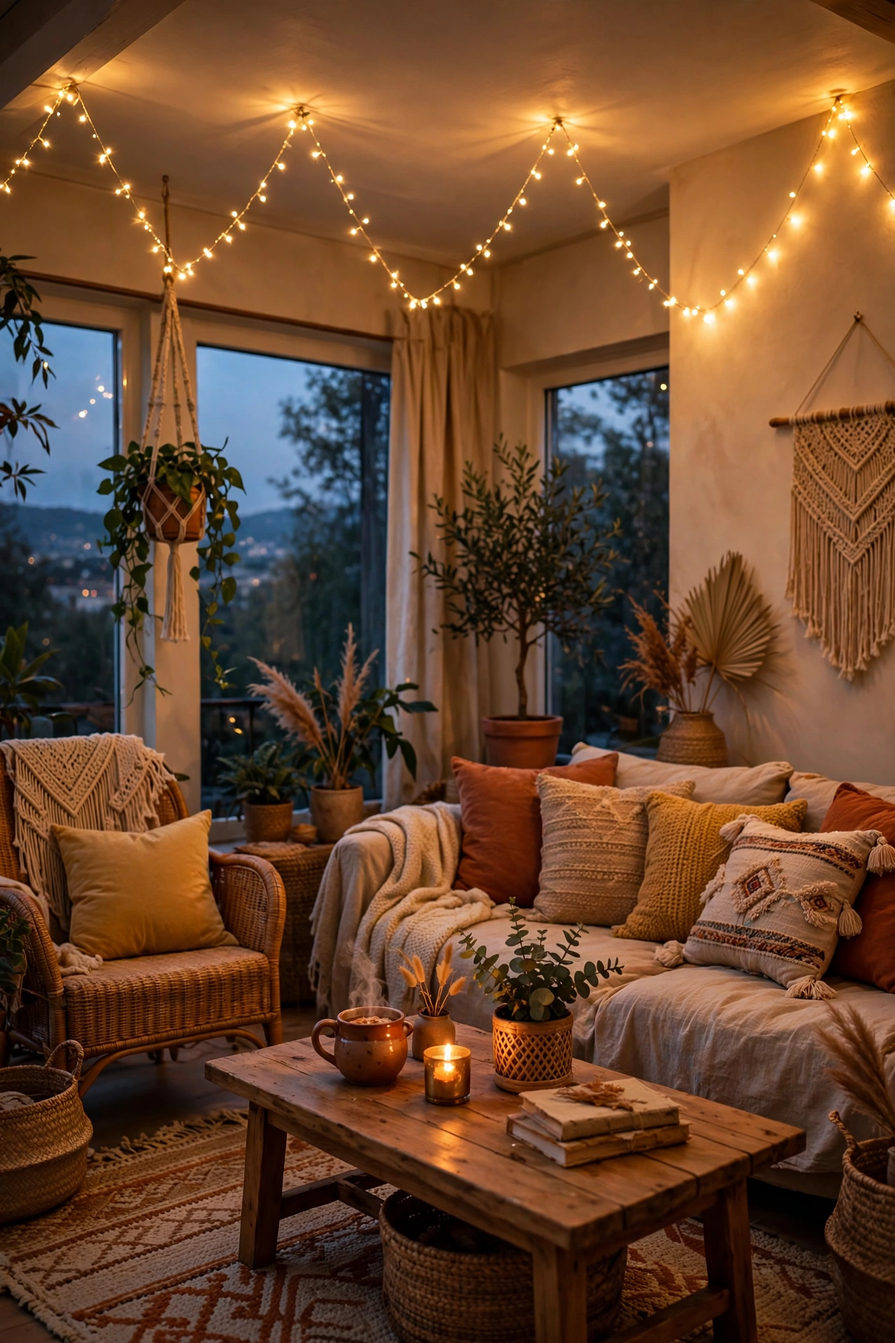 Warm fairy lights draped across the ceiling of a boho living room at dusk