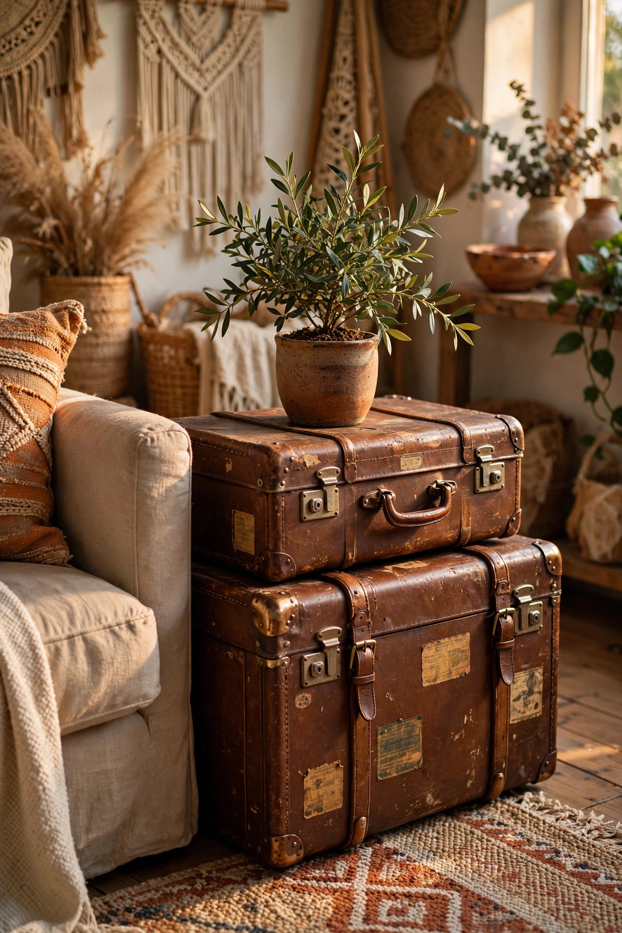 Stack of vintage suitcases used as a side table in a boho living room