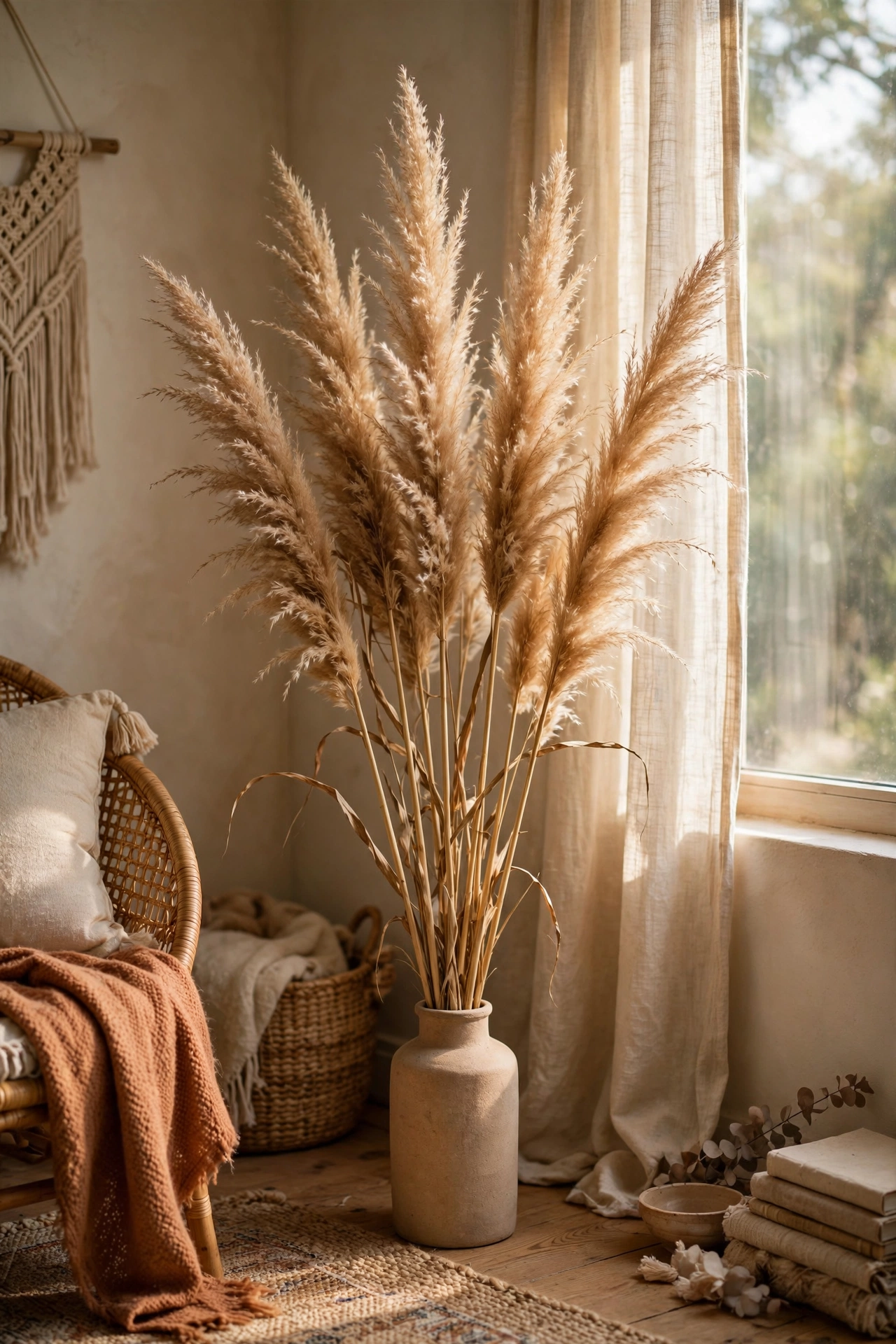 Tall dried pampas grass in a floor vase in a boho living room corner