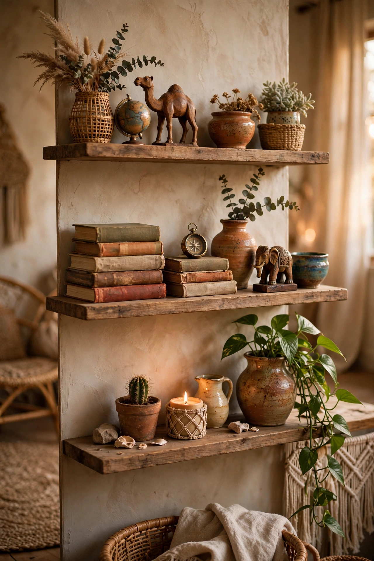 Boho shelves styled with collected travel souvenirs, pottery and plants