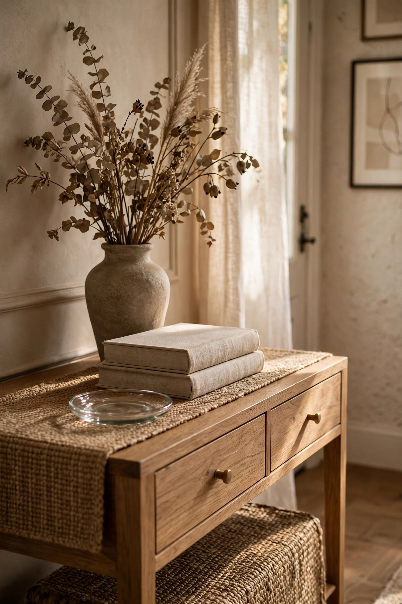 Styled console table vignette with vase, books and glass dish arranged in threes