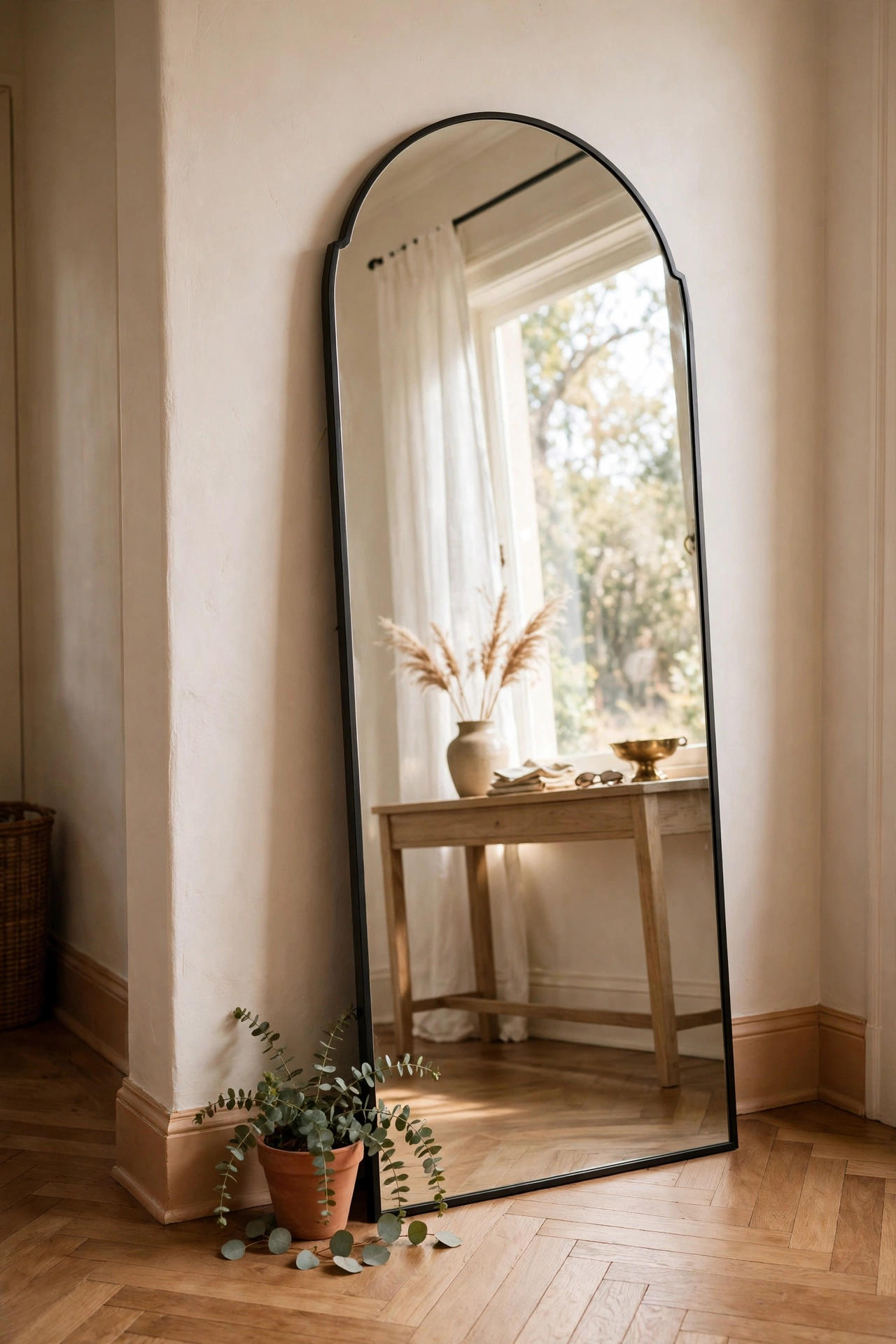 Arched full-length mirror leaning against an entryway wall catching window light