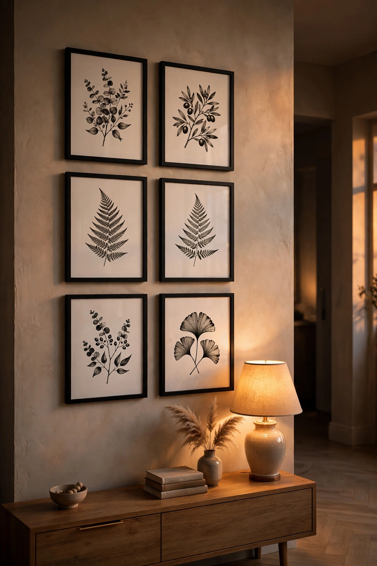 Symmetrical grid of six matching black frames with botanical prints on a hallway wall