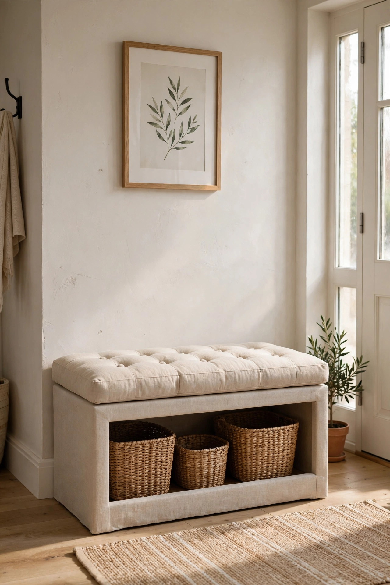 Linen storage bench with button-tufted cushion top in a neutral entryway