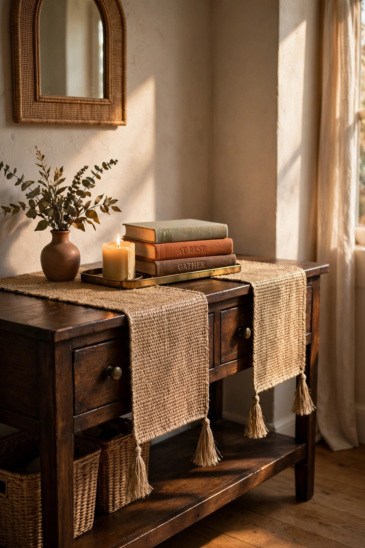 Woven jute table runner centred on a console table under styled decor