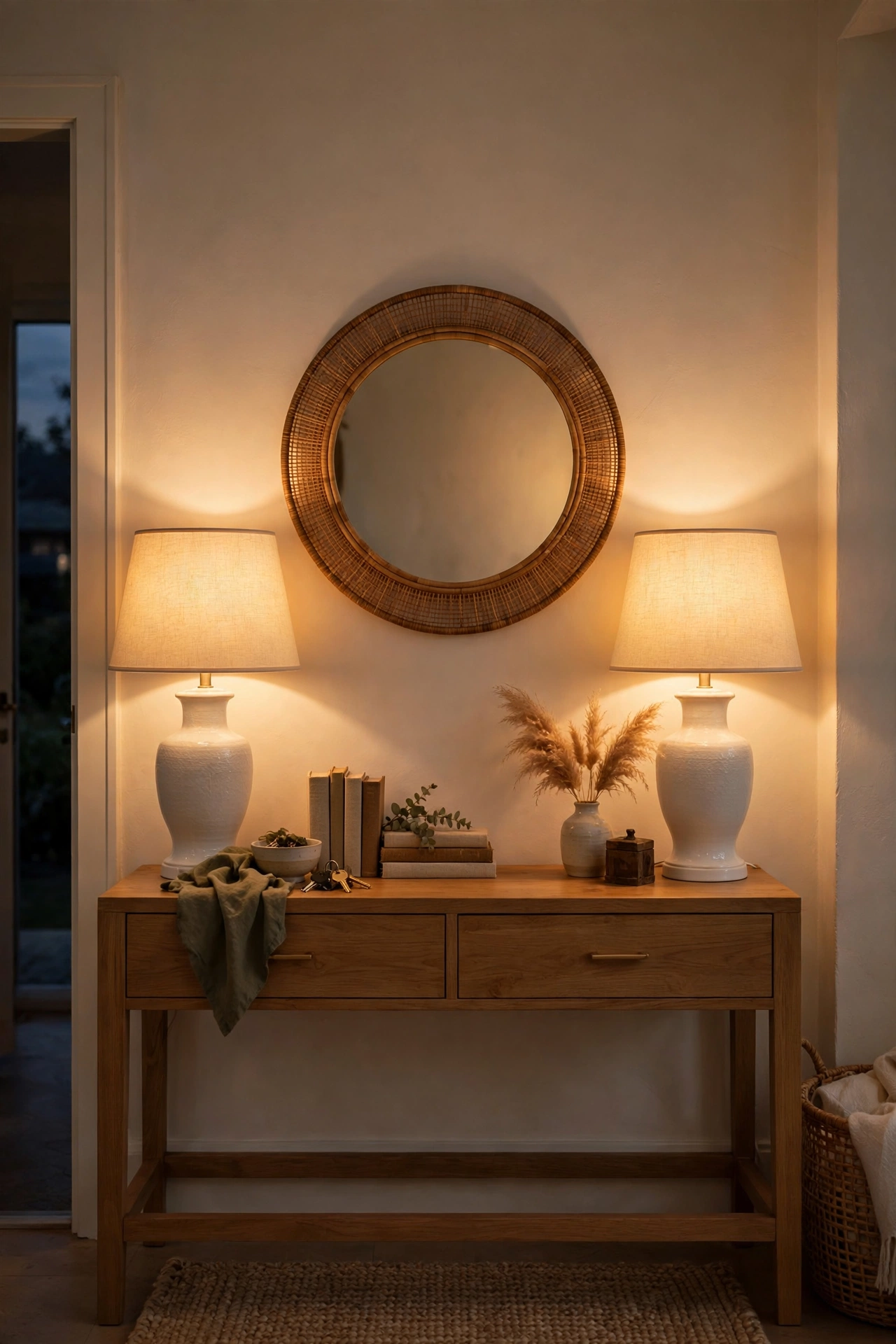 Pair of matching ceramic table lamps with drum shades on an entryway console