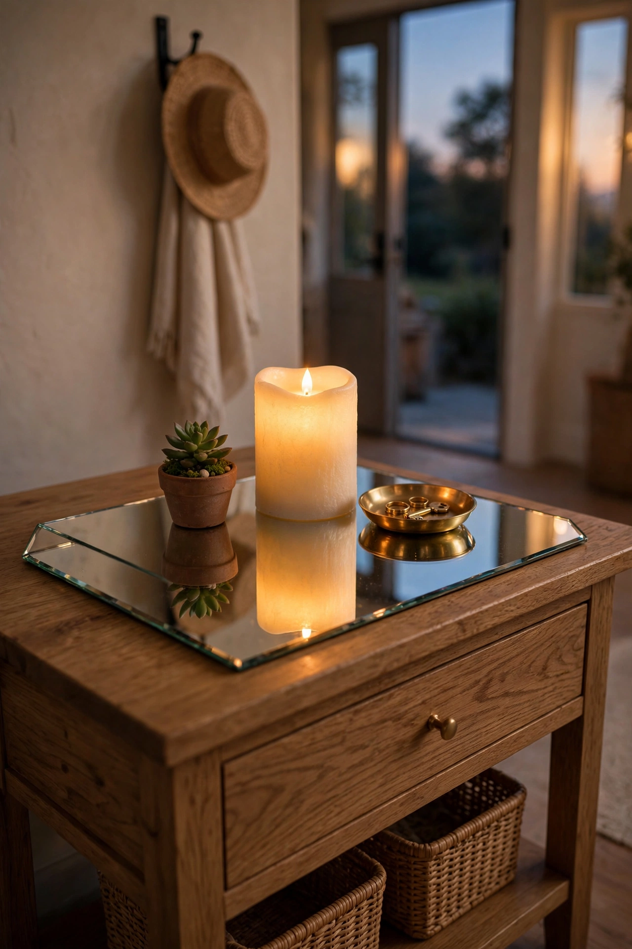 Mirrored decorative tray holding a candle and small plant on a console table