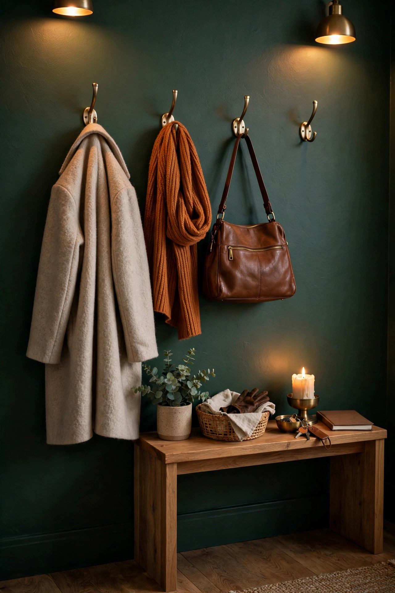 Row of brushed-brass wall hooks holding coats on a deep green entryway wall