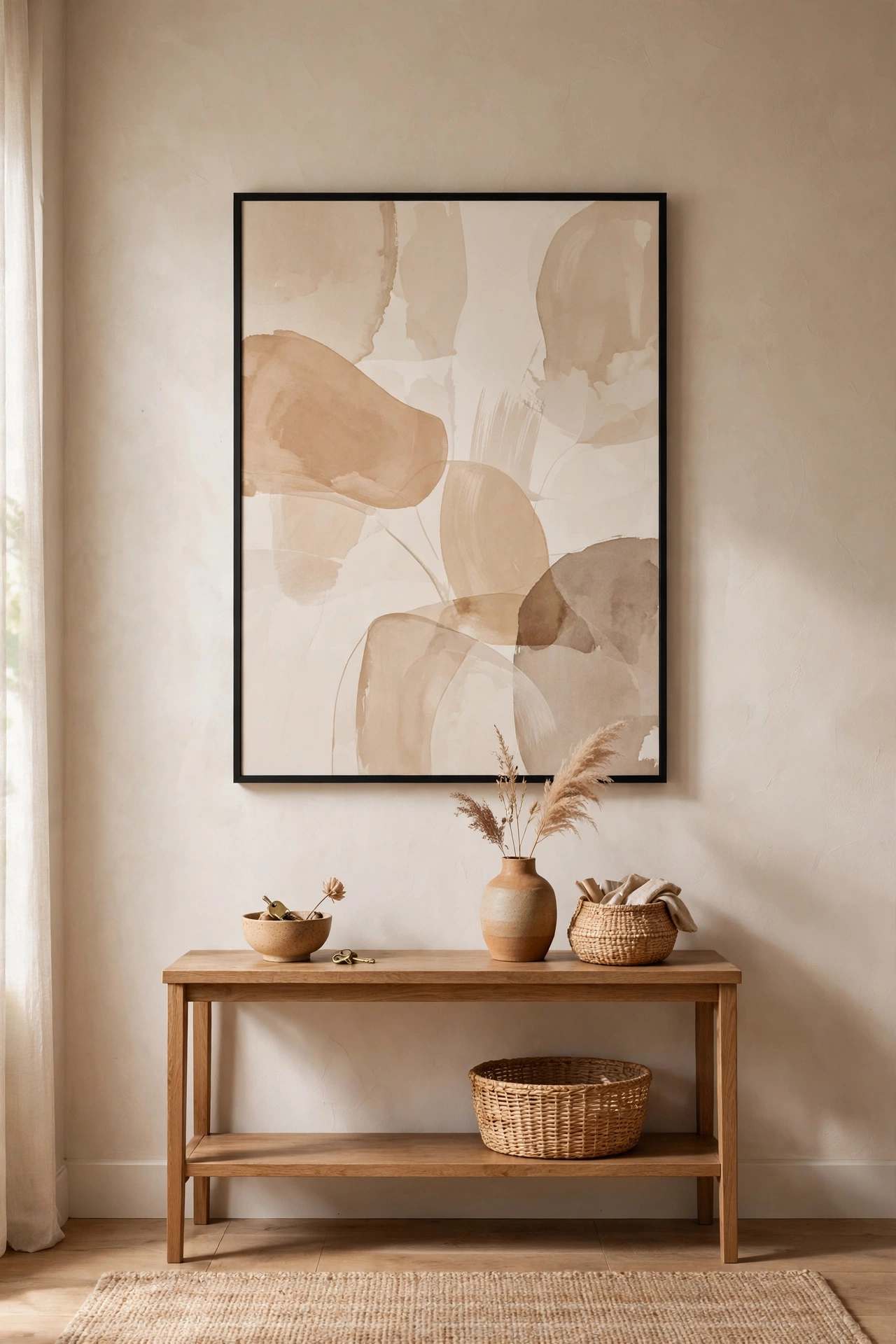 Oversized abstract art print in a slim black frame above an entryway console