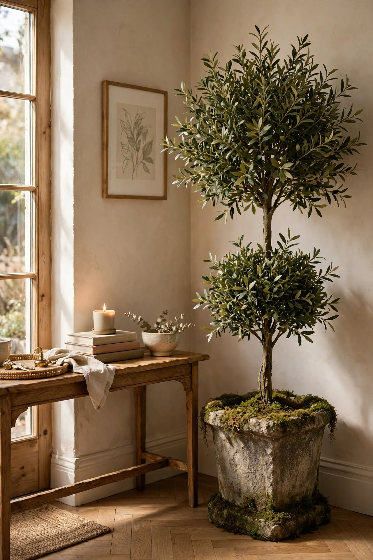 Faux olive topiary tree in an aged stone planter in an entryway corner