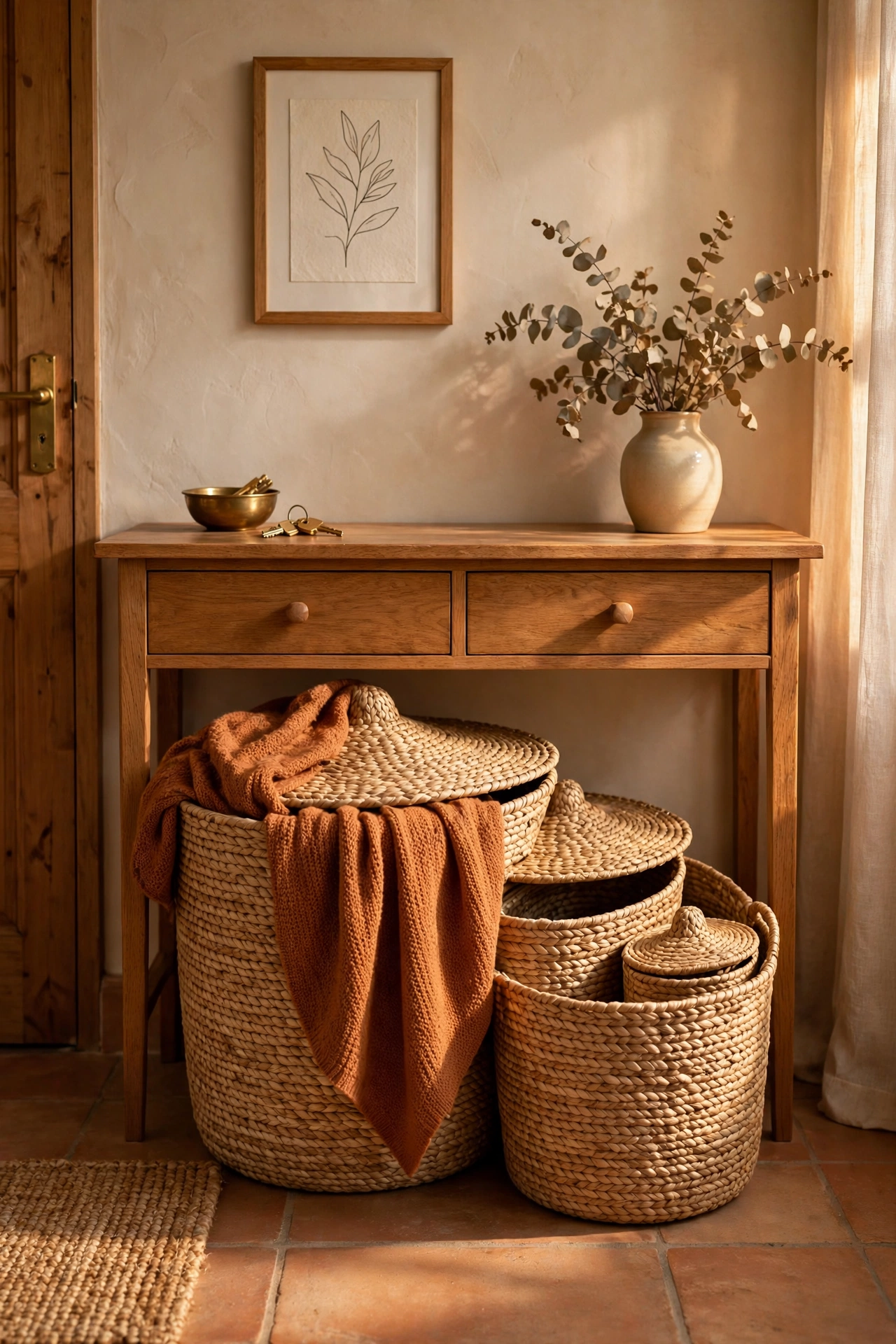 Nested set of lidded seagrass baskets under an entryway console table