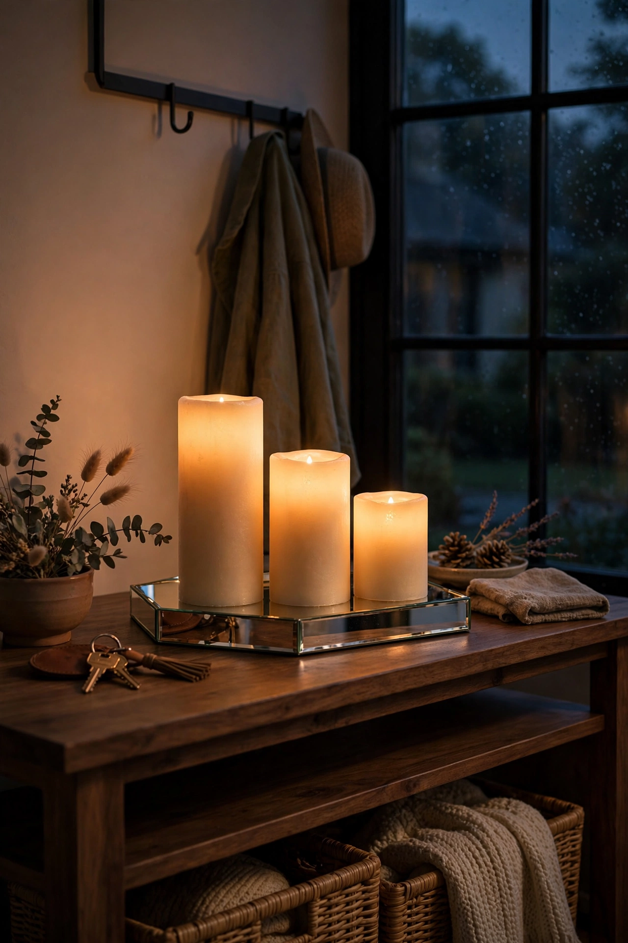Trio of staggered flameless pillar candles glowing on an entryway console at dusk