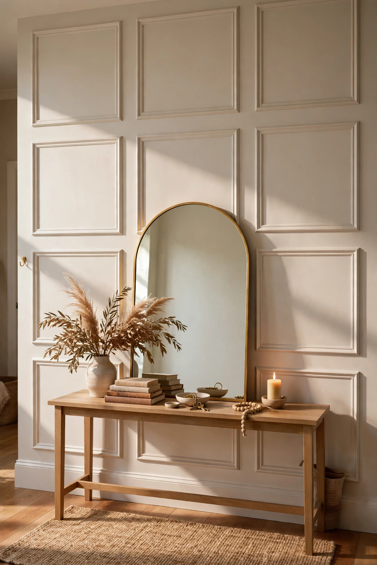 Entryway wall with peel-and-stick panel moulding rectangles painted one colour