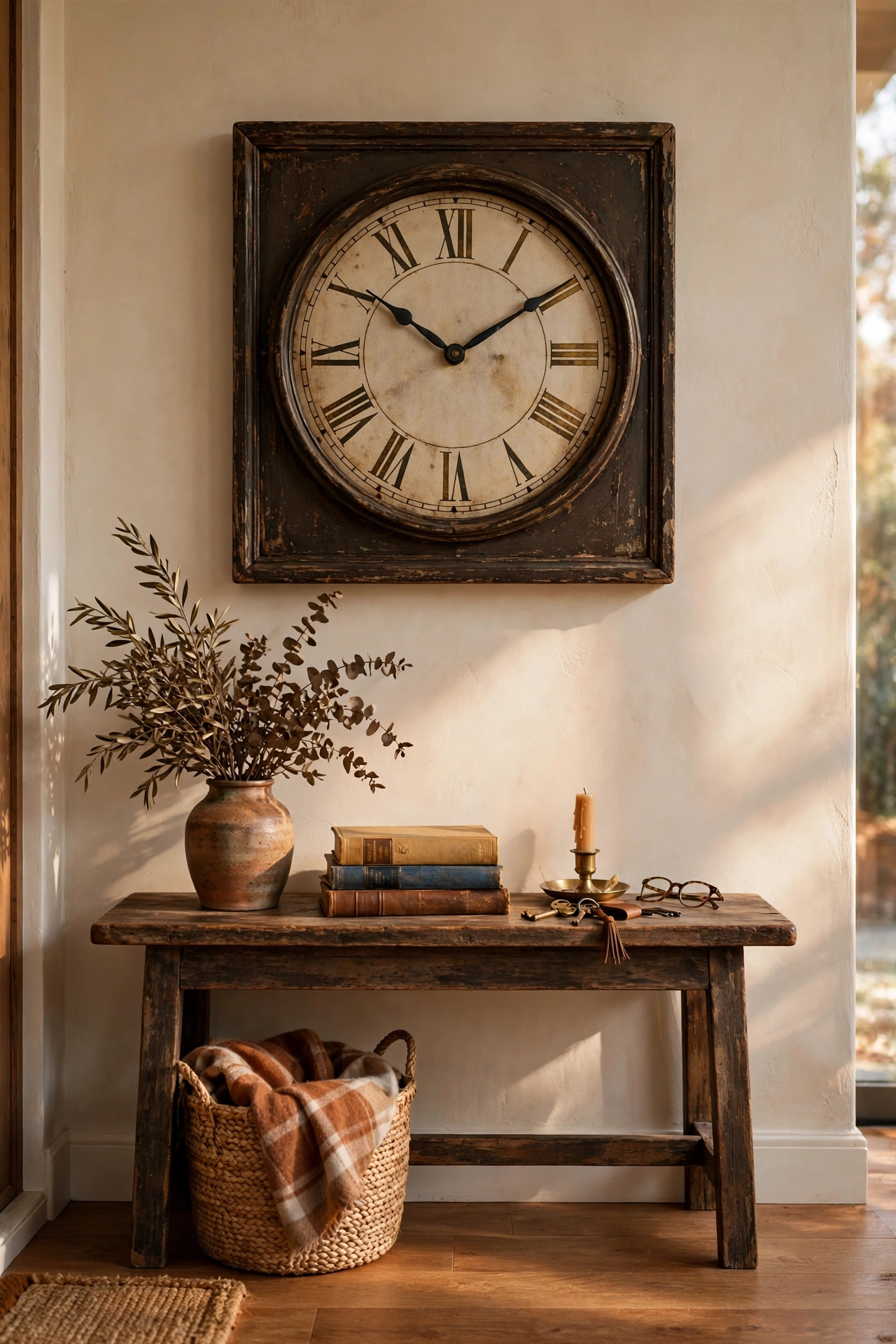 Large antique-style wall clock with Roman numerals above an entryway console