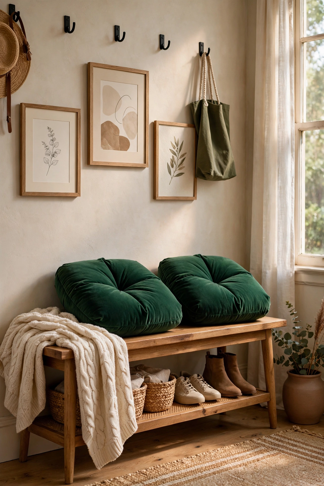 Emerald velvet accent cushions on an entryway bench against neutral walls