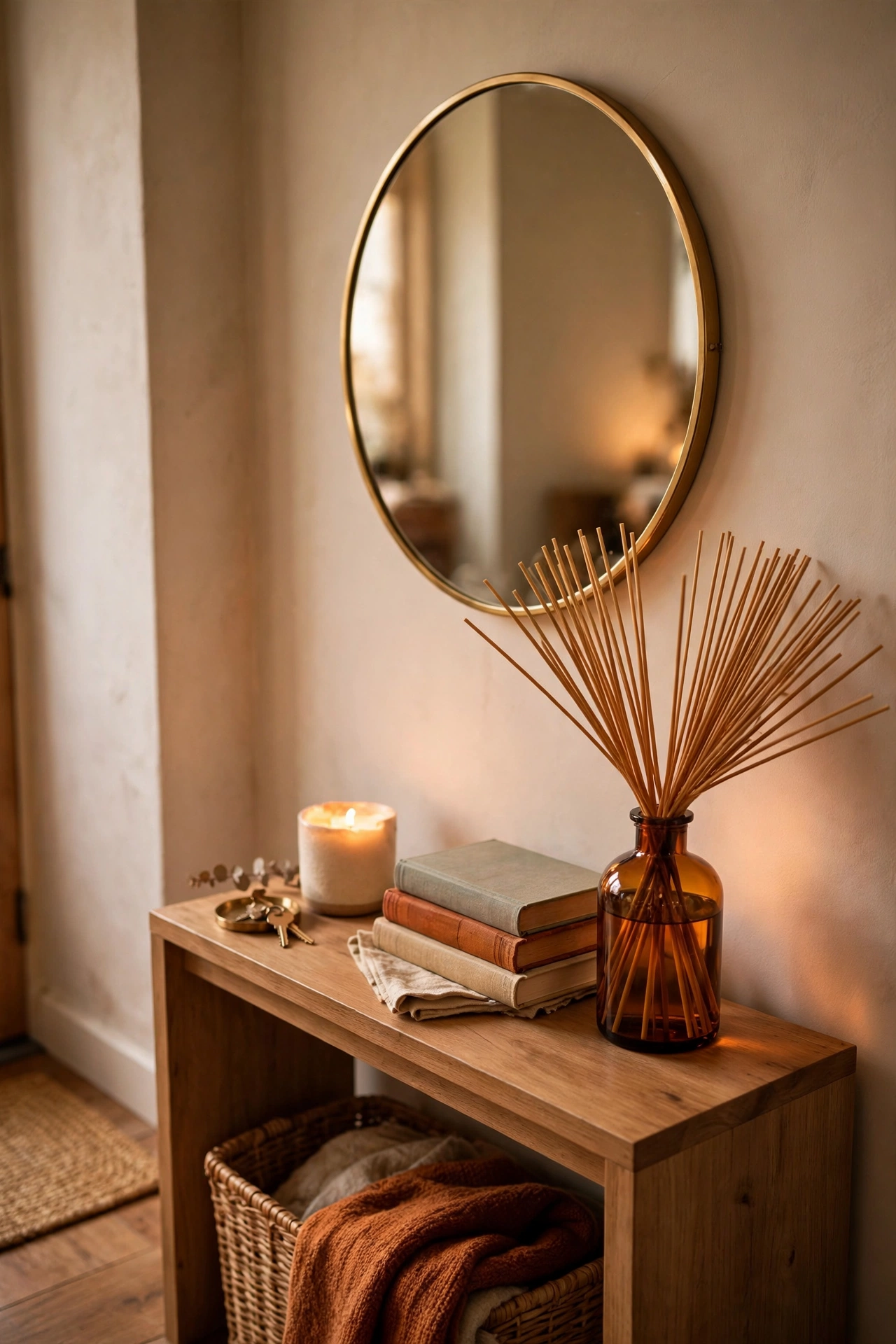 Reed diffuser with amber scent on a styled entryway console table