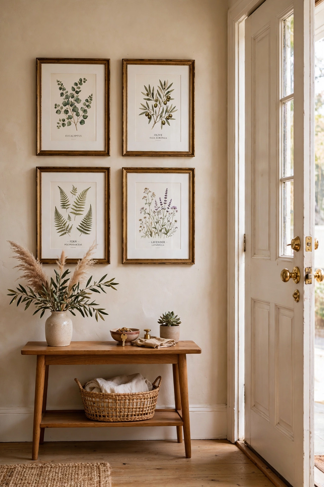 Four botanical prints in antique brass frames hung in a grid beside a front door