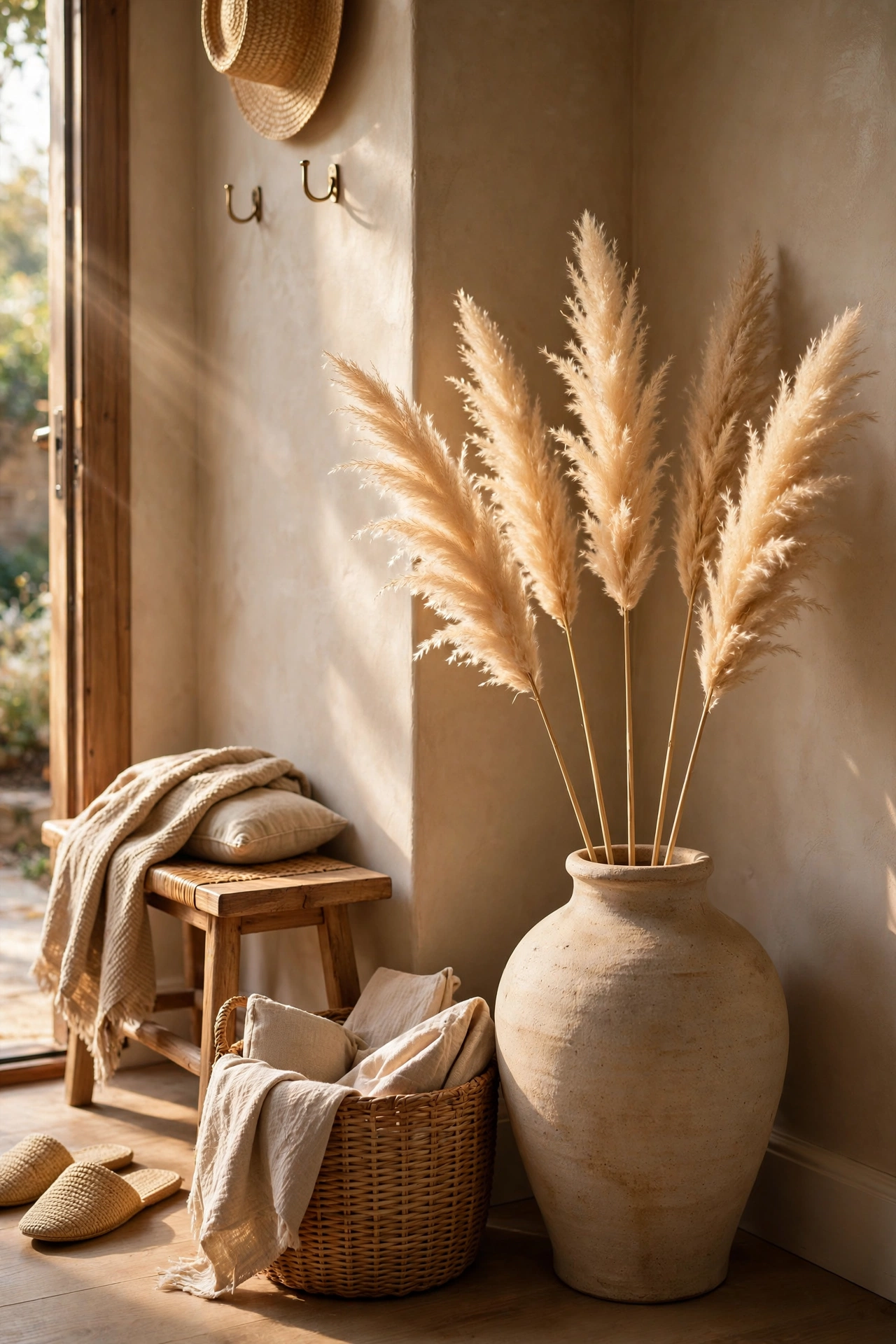 Stoneware vase with dried pampas stems in an entryway corner