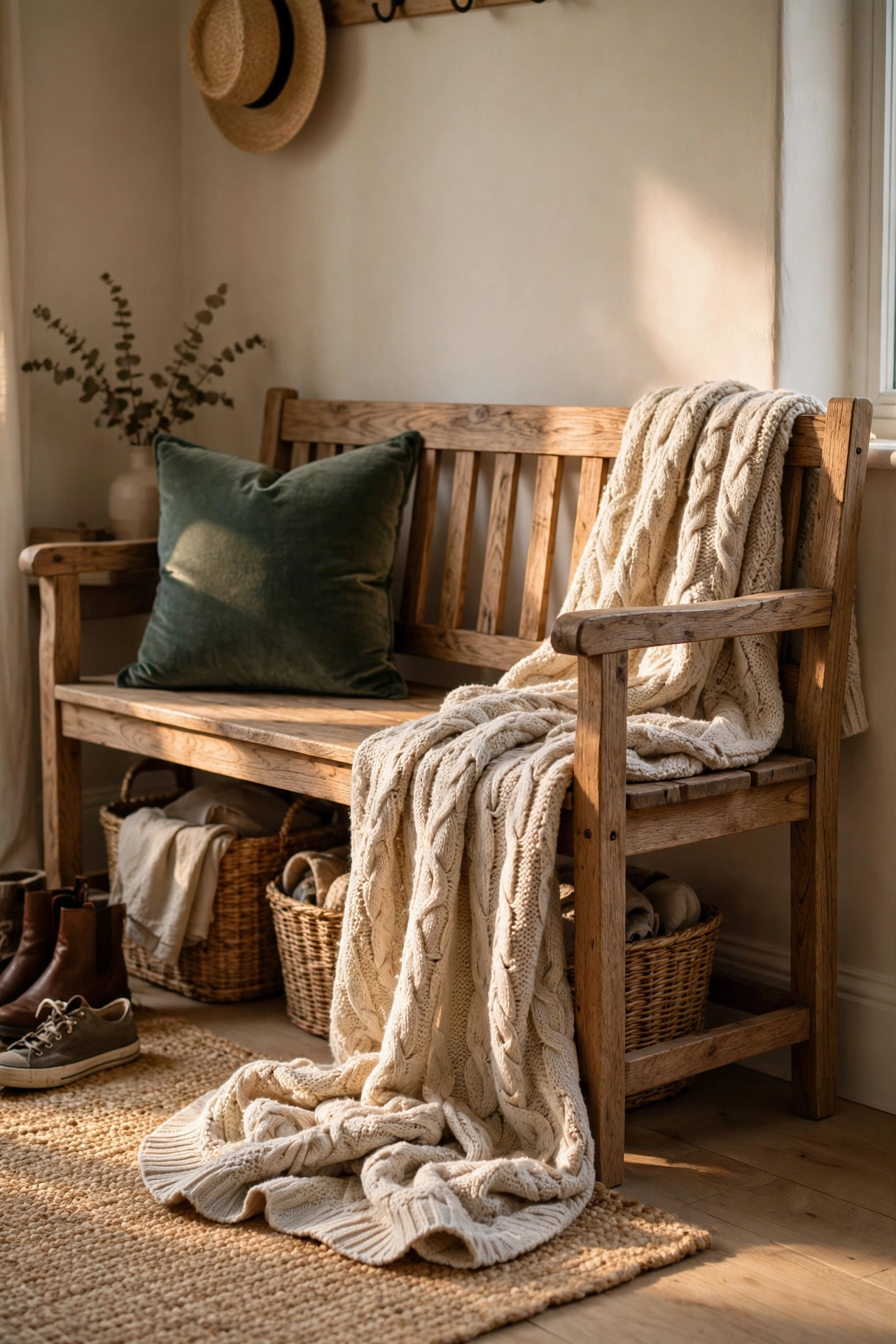 Chunky oatmeal knit throw blanket draped casually over an entryway bench