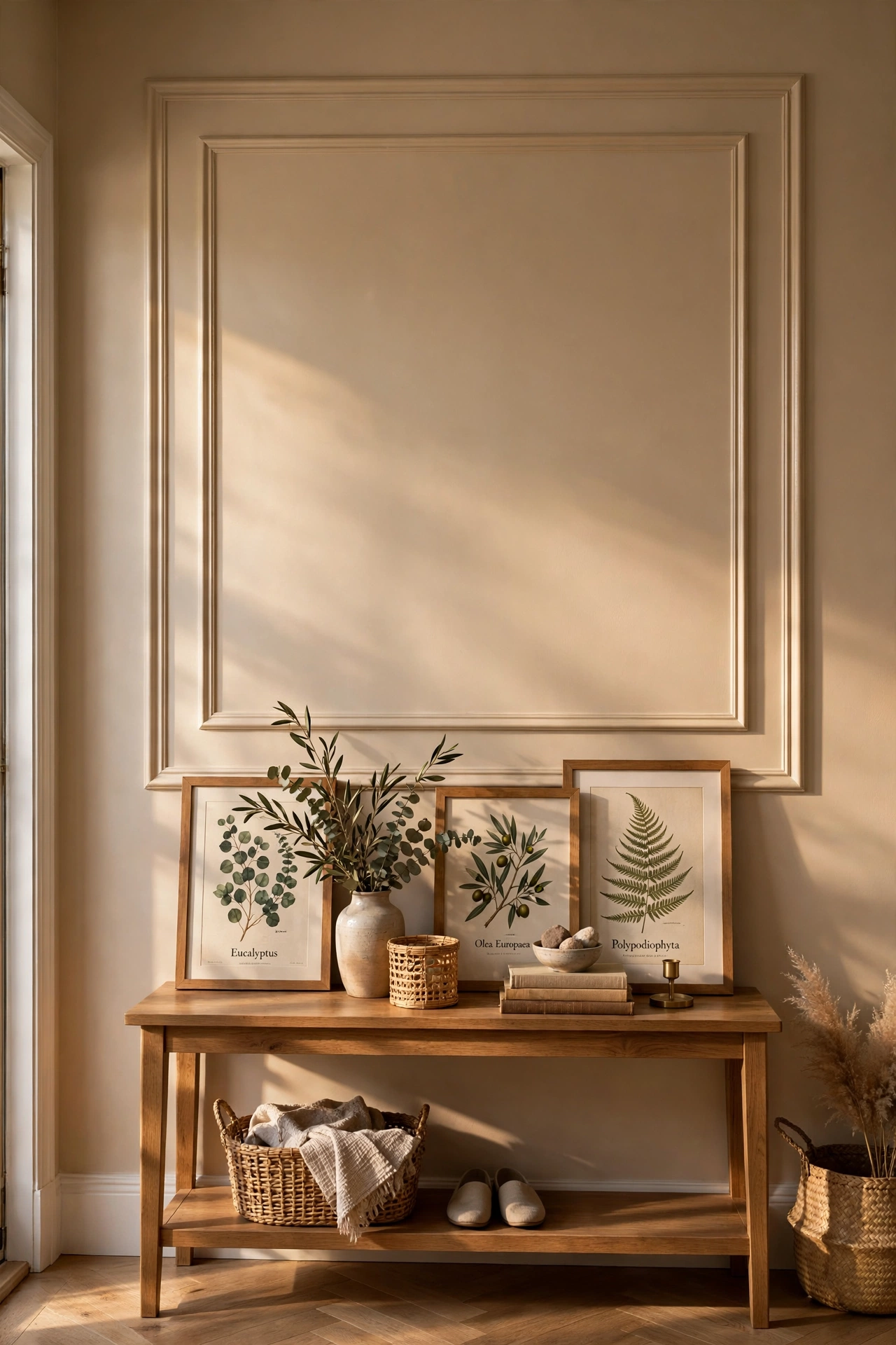 Entryway wall with tone-on-tone painted picture-frame moulding illusion
