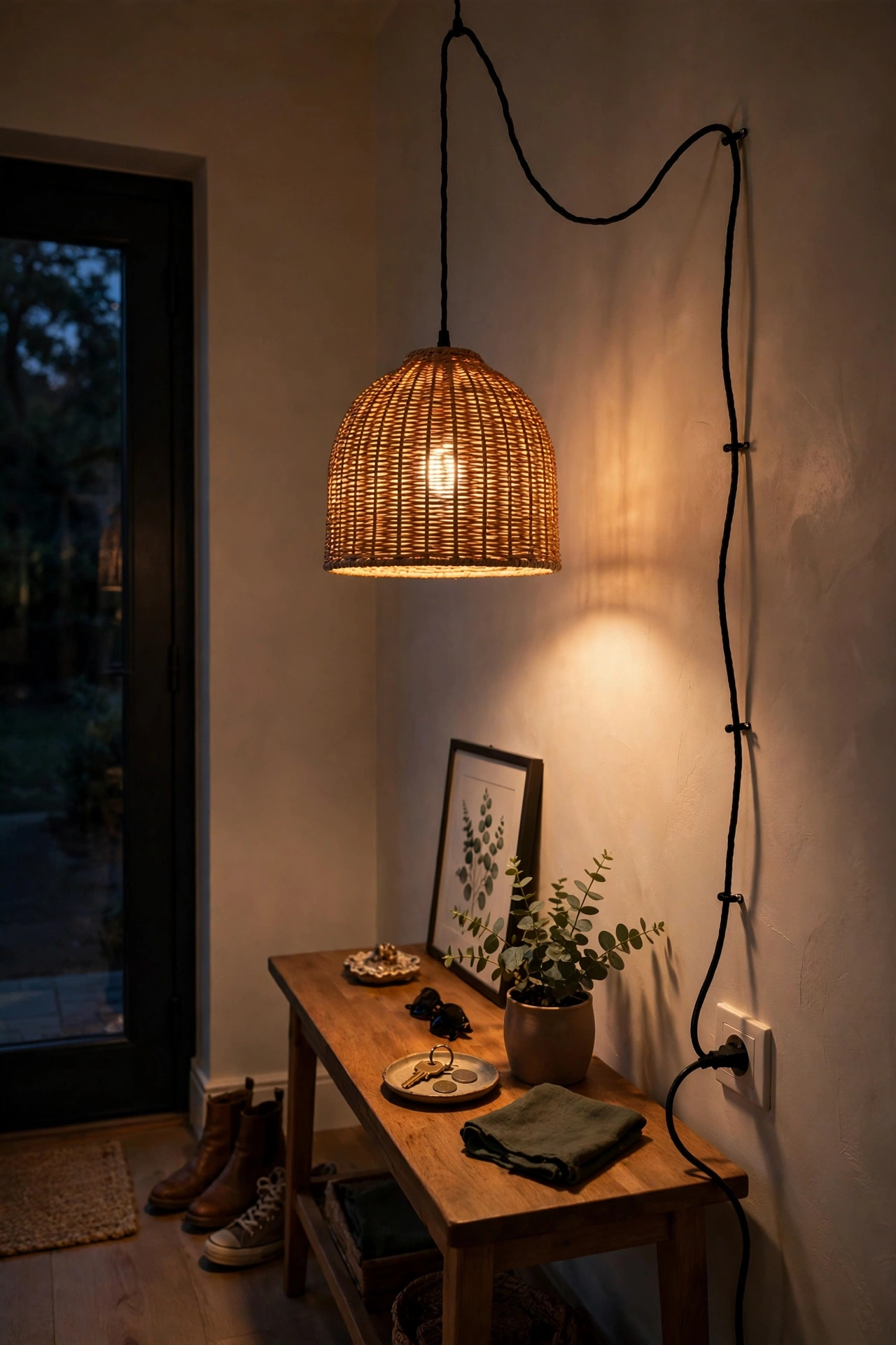 Plug-in pendant light with woven shade swagged over an entryway console