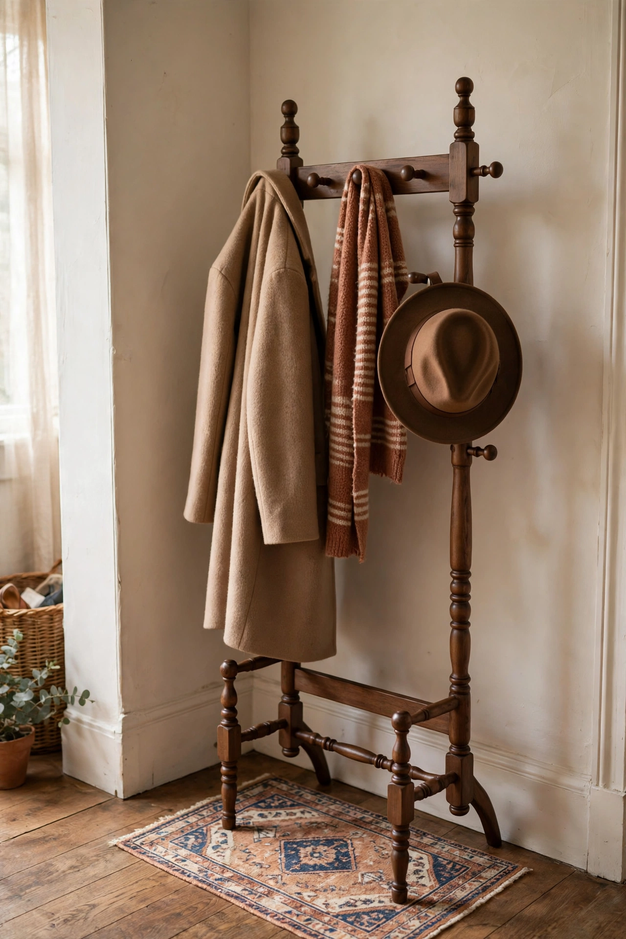 Freestanding wooden coat rack with turned details in dark walnut stain