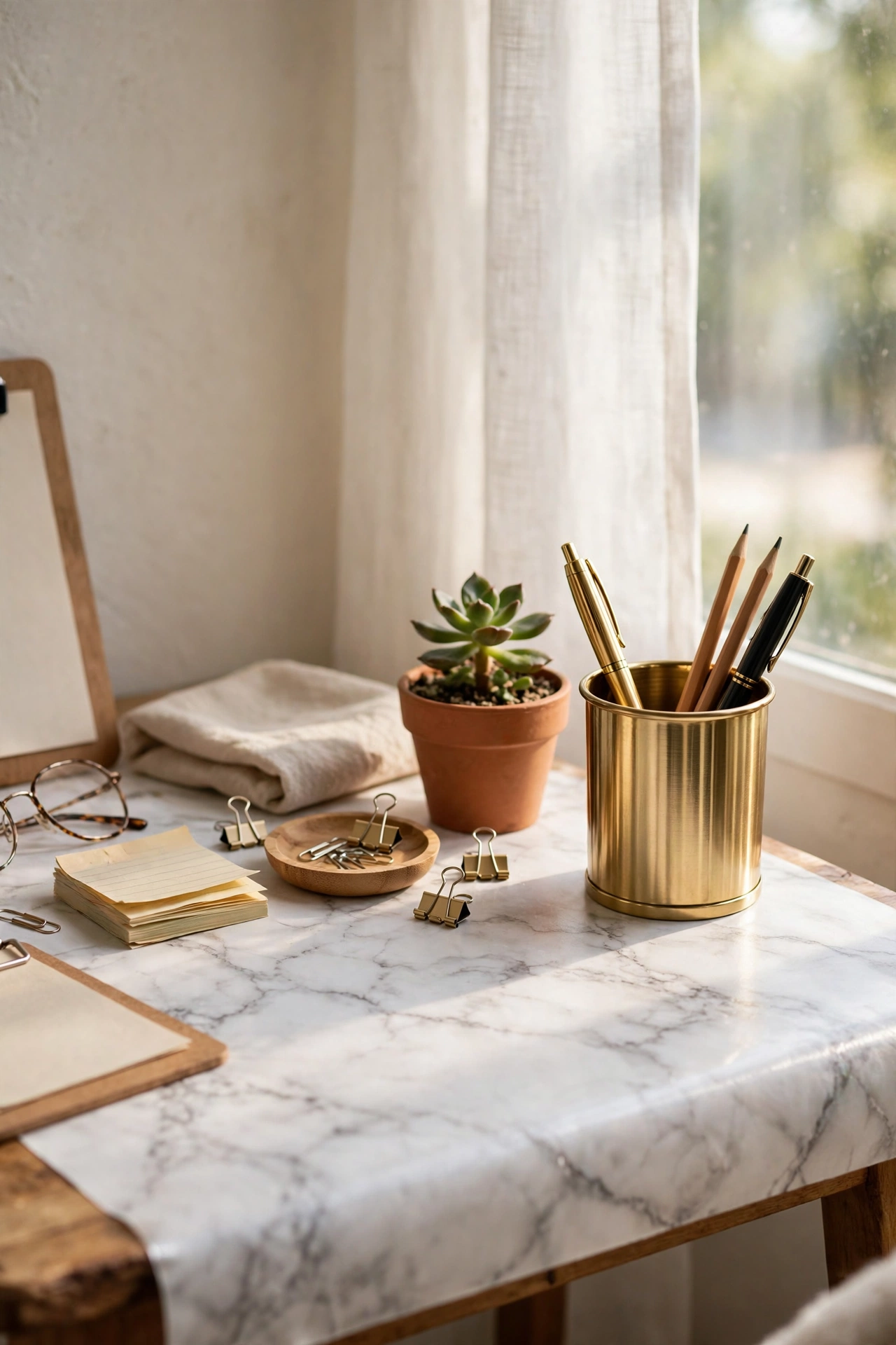 Faux marble contact paper covering a dollar store home office desk with gold accessories