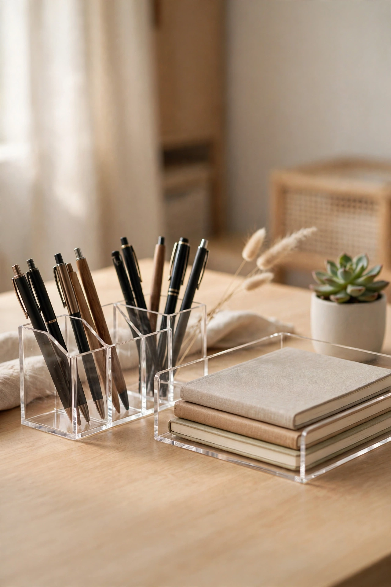 Clear acrylic desk organisers holding pens and notebooks on a tidy home office desk