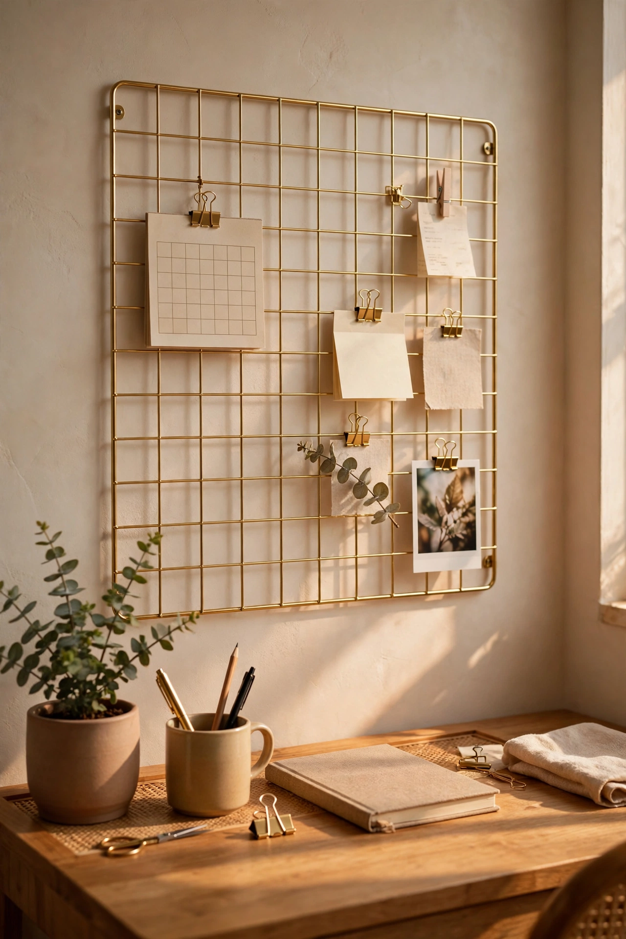 Gold wire memo grid on a home office wall holding a calendar and small notes