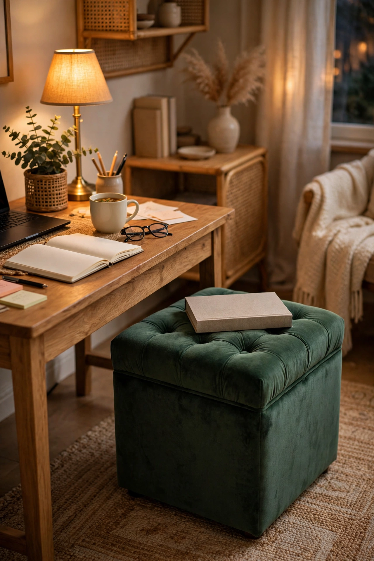 Small forest green velvet storage ottoman beside a home office desk