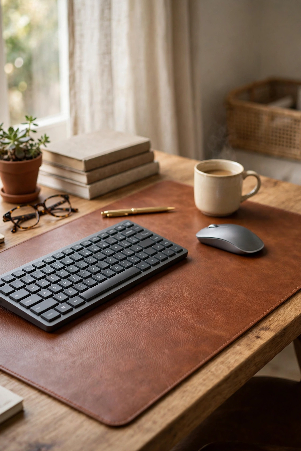 Cognac faux leather desk mat under a keyboard in a home office