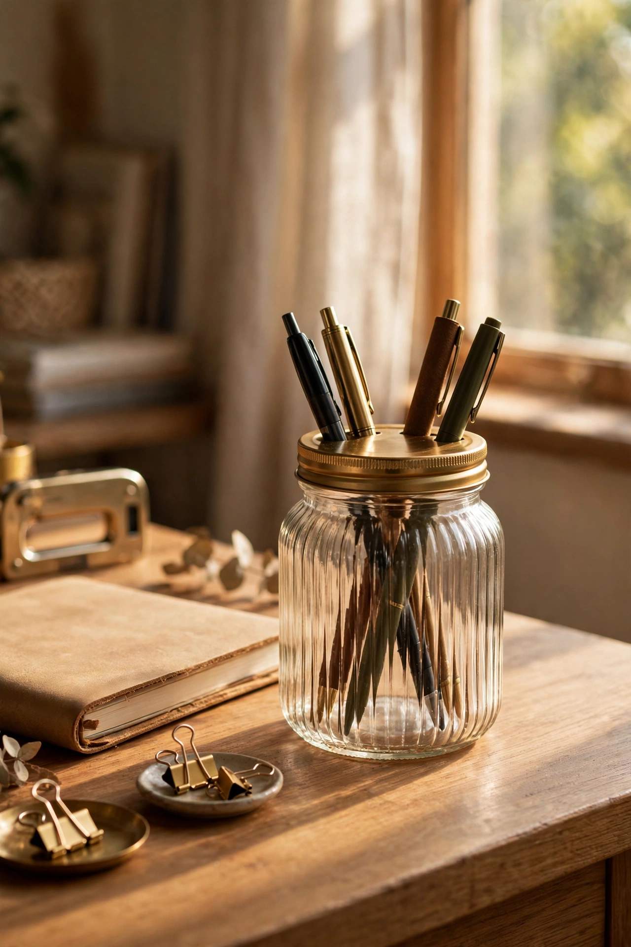 Ribbed glass jar with gold lid holding pens on a home office desk