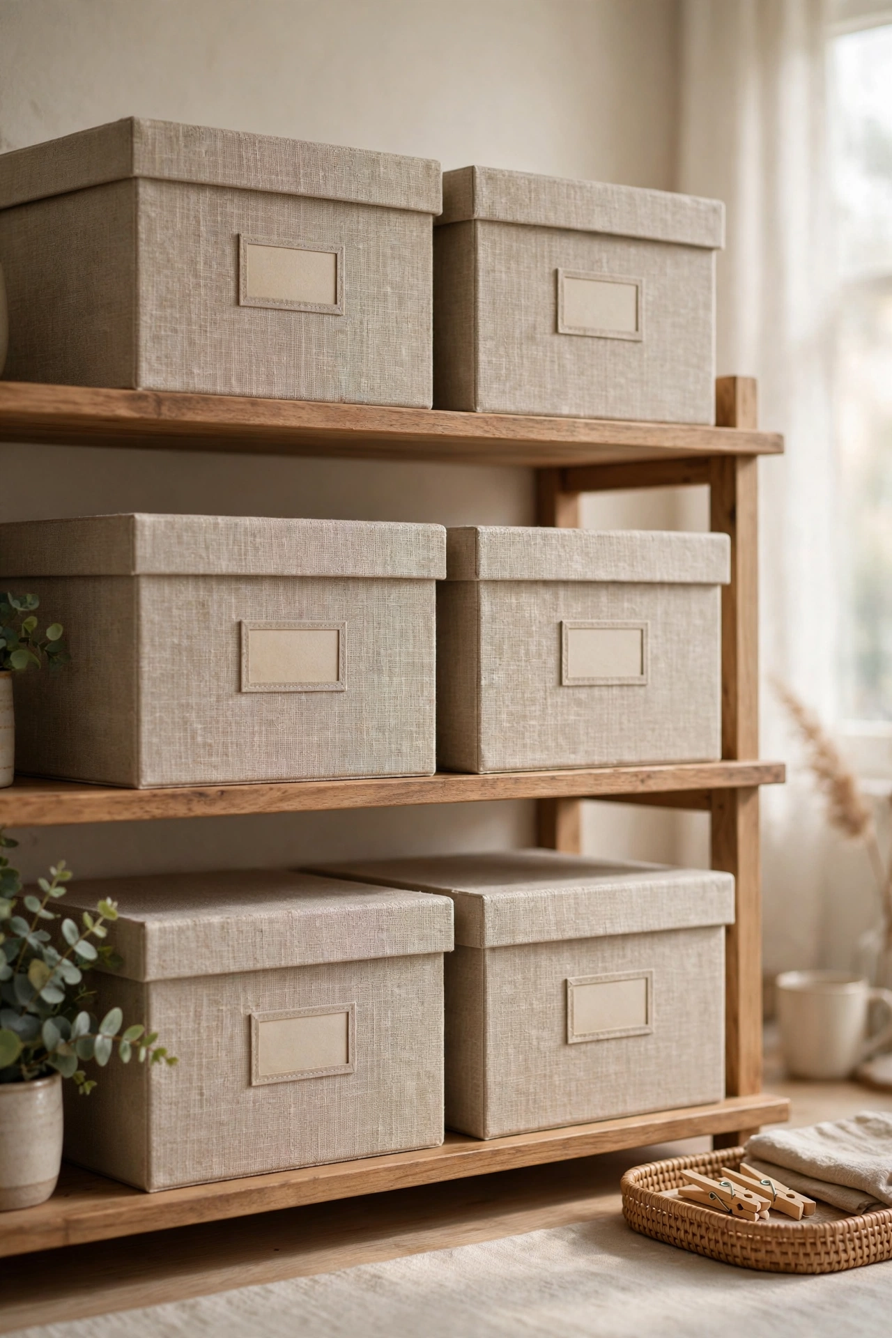 Matching linen-textured storage boxes lined up on home office shelves