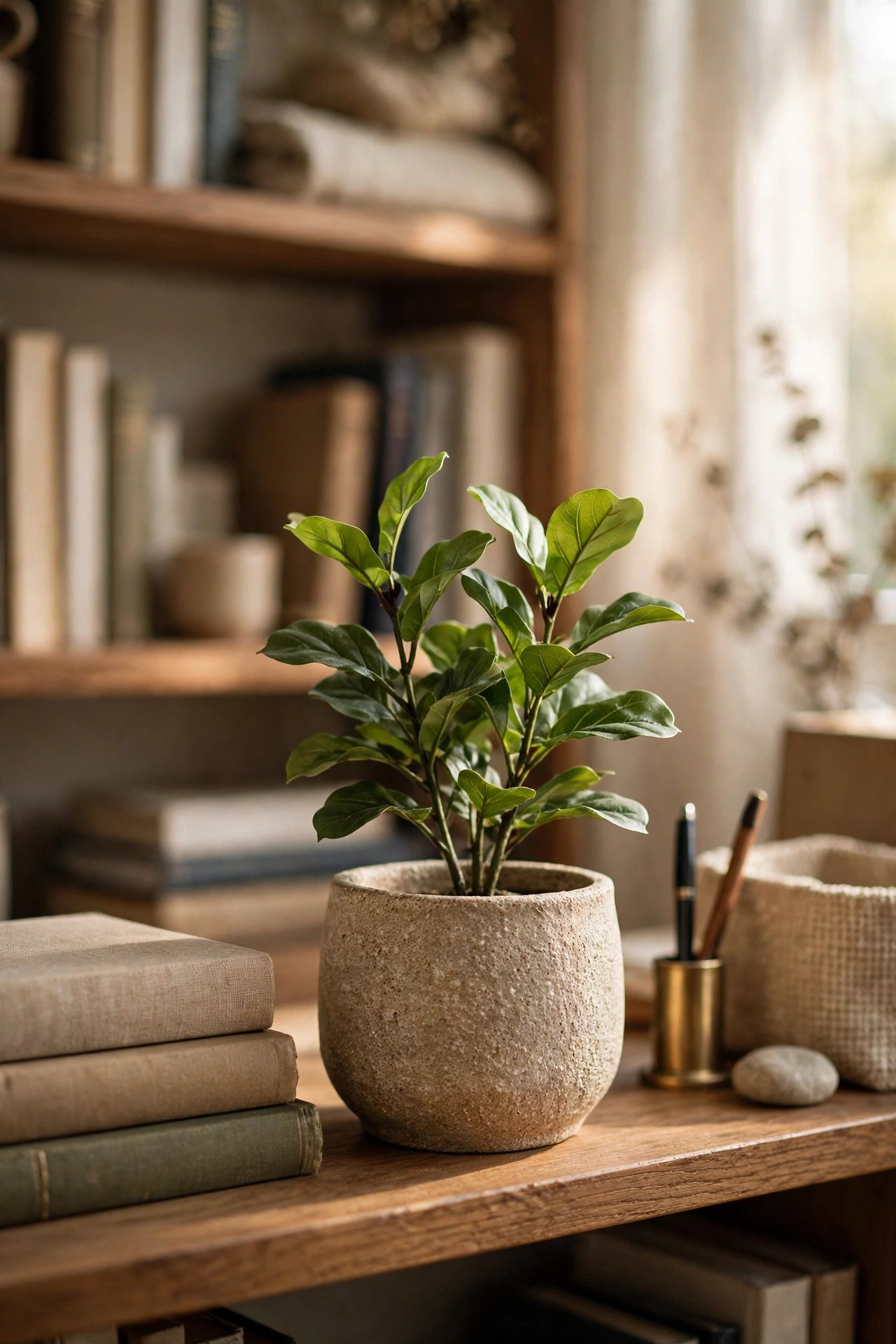 Small faux fiddle leaf fig in a textured pot on a home office bookshelf